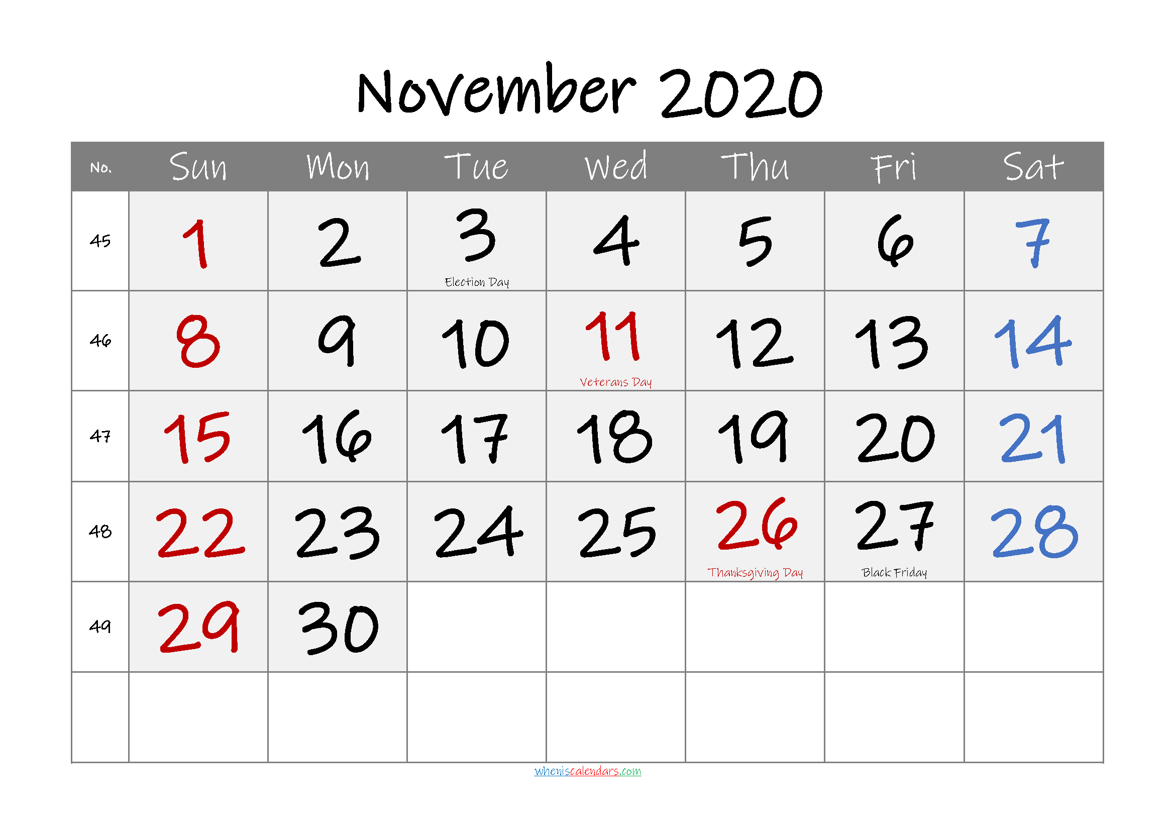 Free Printable Coloring Calendar 2020 November