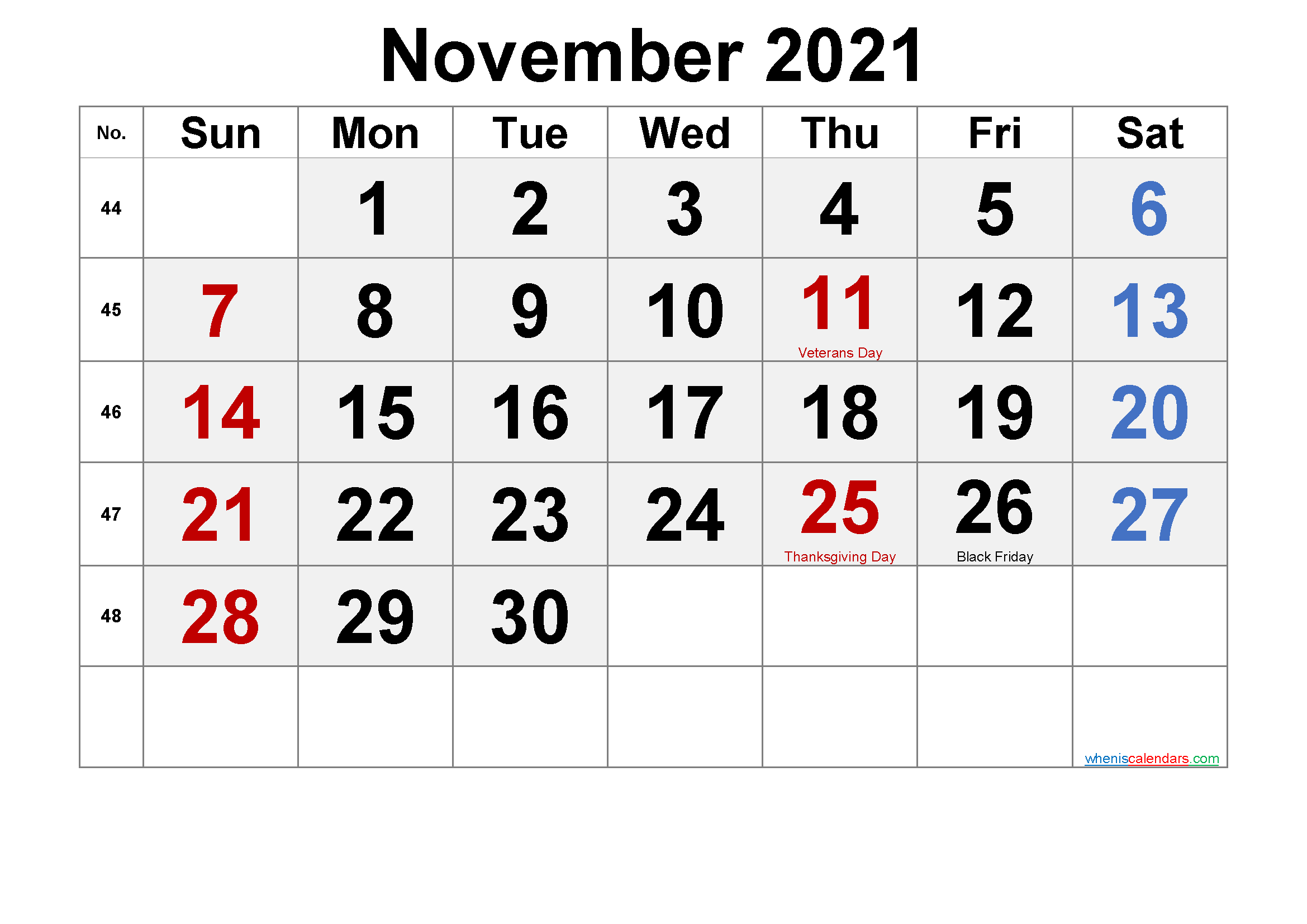 Printable NOVEMBER 2021 Calendar with Holidays
