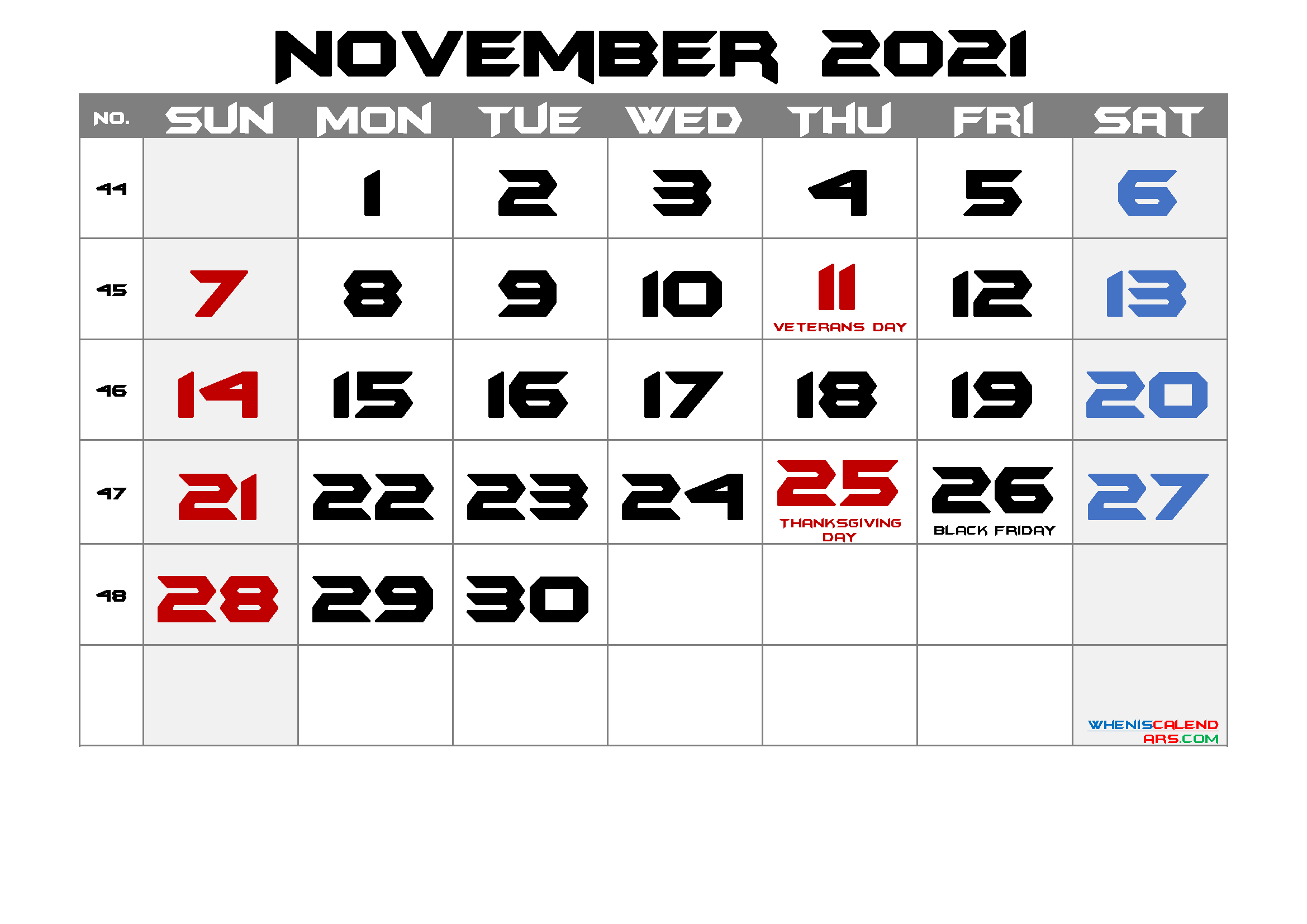 Printable November 2021 Calendar with Holidays