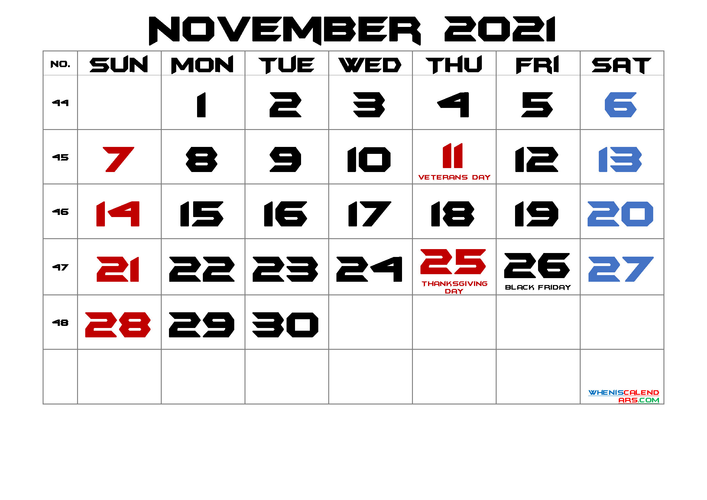 NOVEMBER 2021 Printable Calendar with Holidays