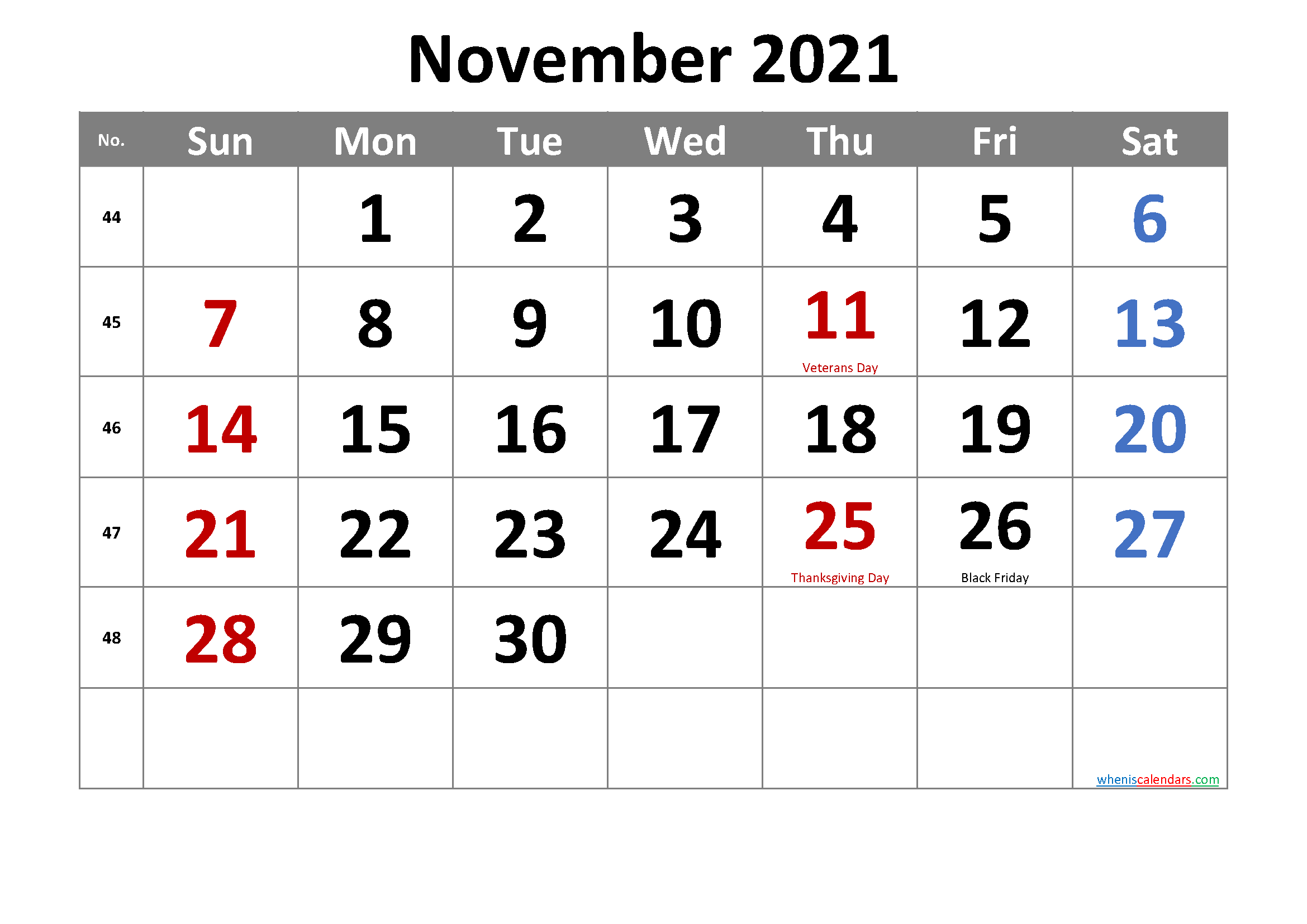 November 2021 Free Printable Calendar Template Nocr21m11