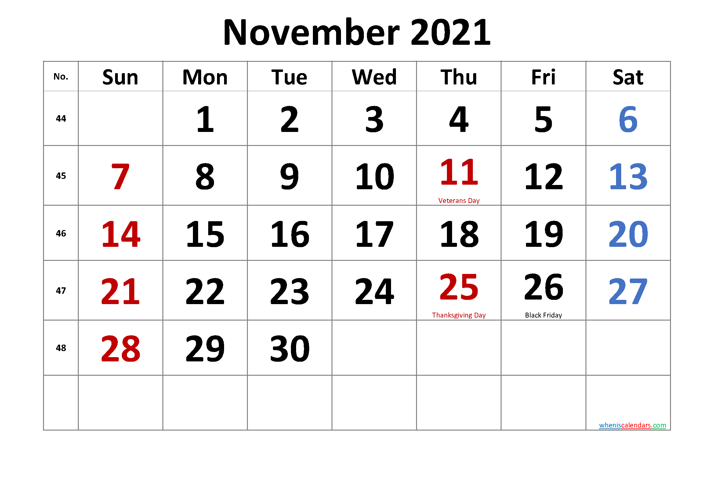 Printable NOVEMBER 2021 Calendar with Holidays