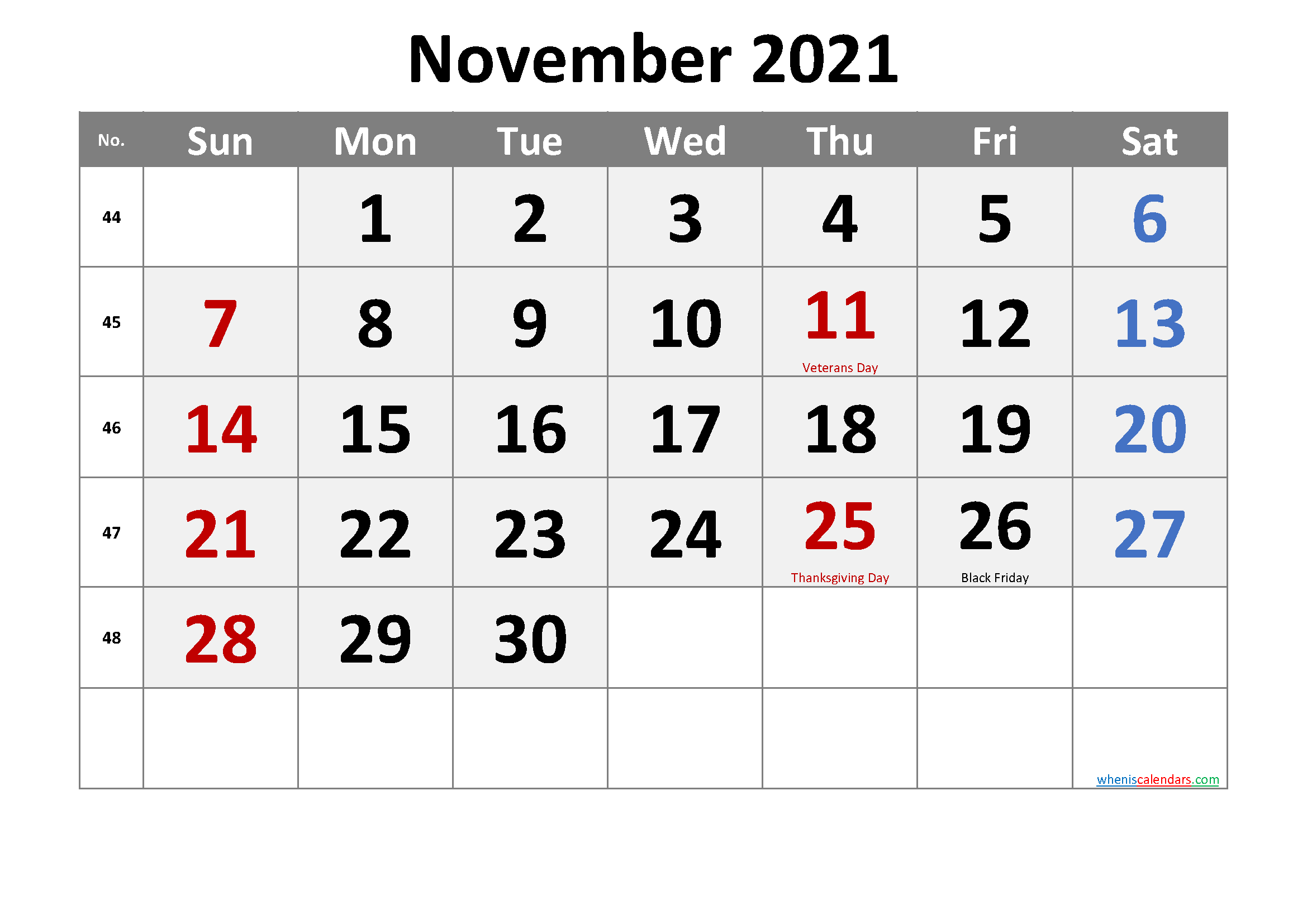 NOVEMBER 2021 Printable Calendar with Holidays