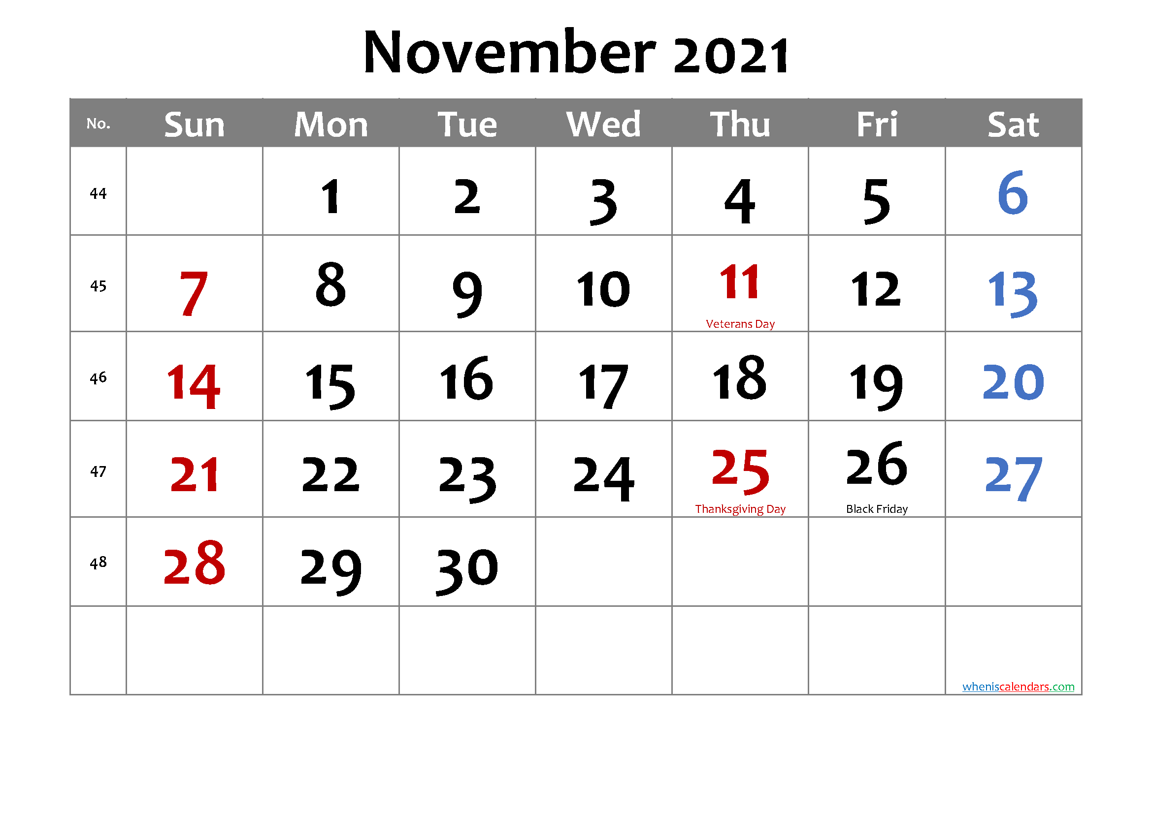 Free Printable NOVEMBER 2021 Calendar with Holidays