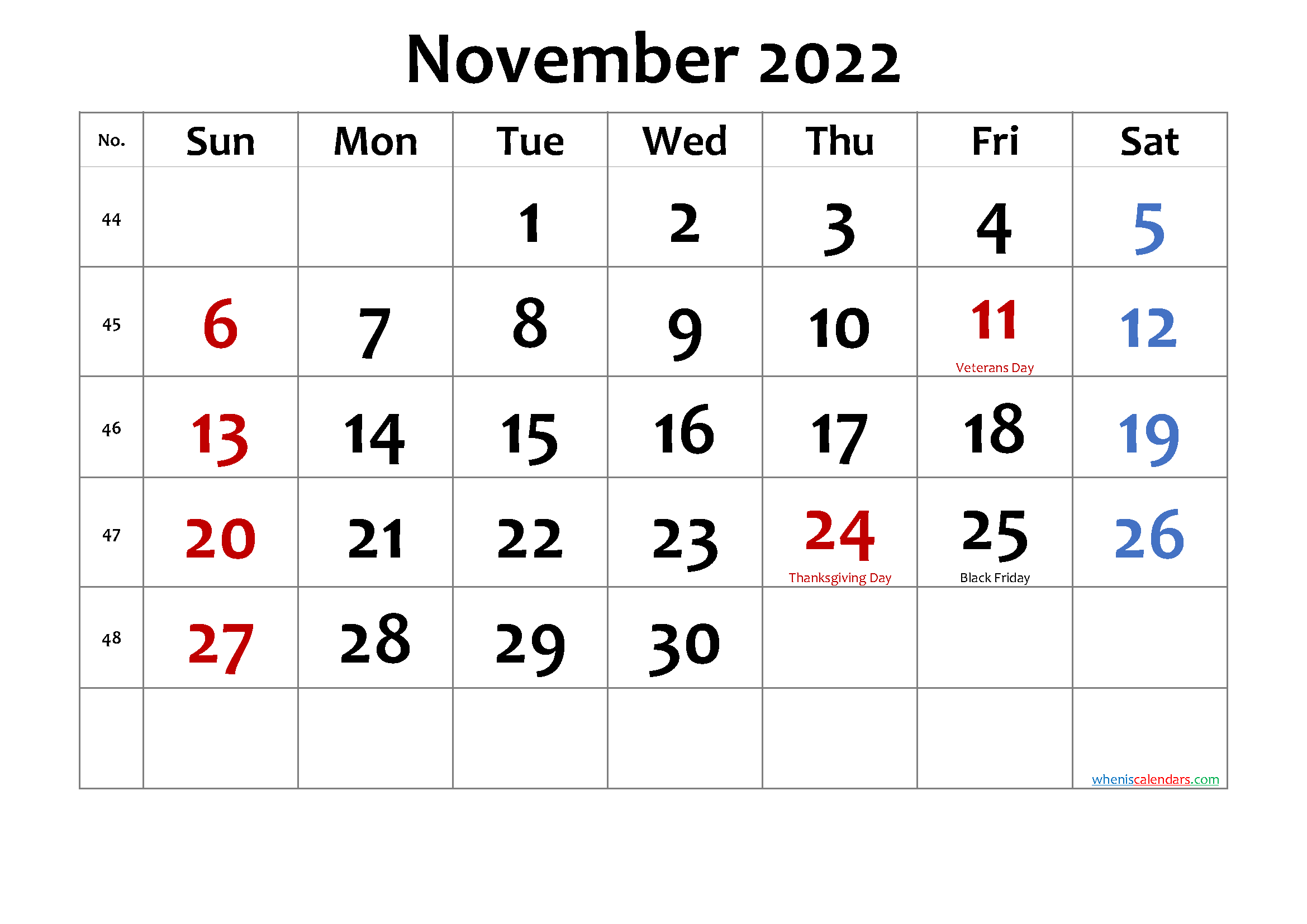 November 22 Printable Calendar
