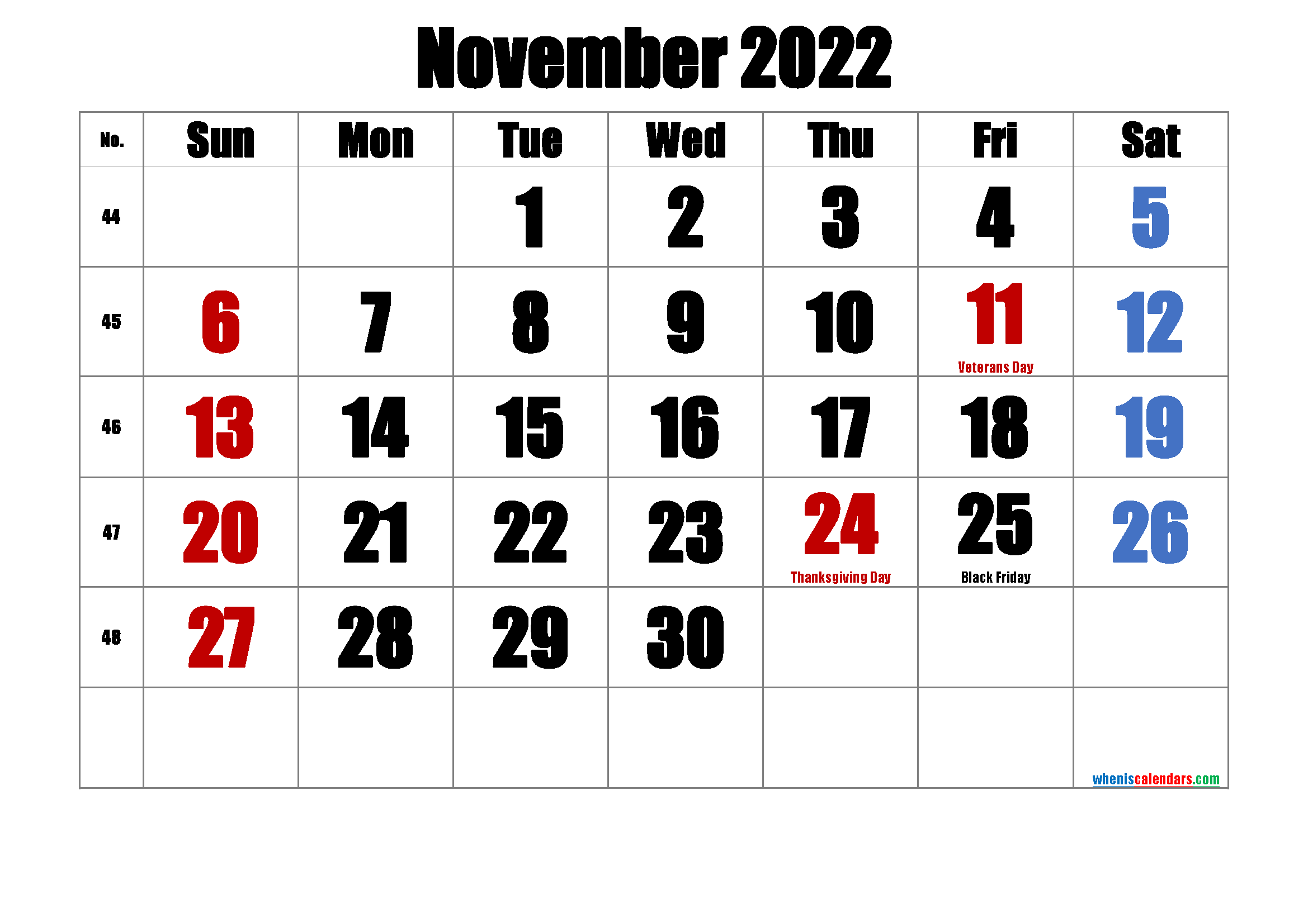 Printable NOVEMBER 2022 Calendar with Holidays