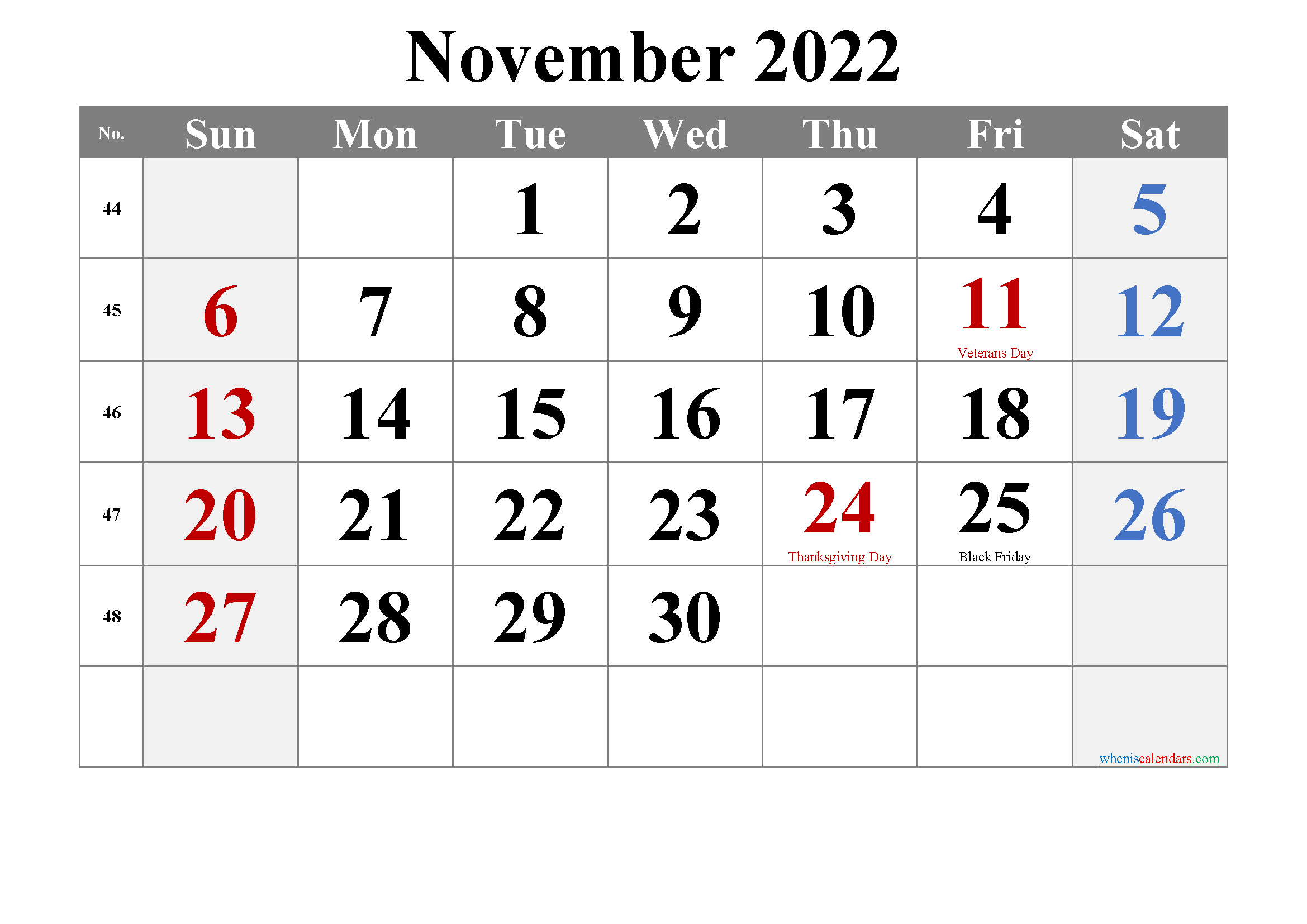 November 2022 Printable Weekely Calendar