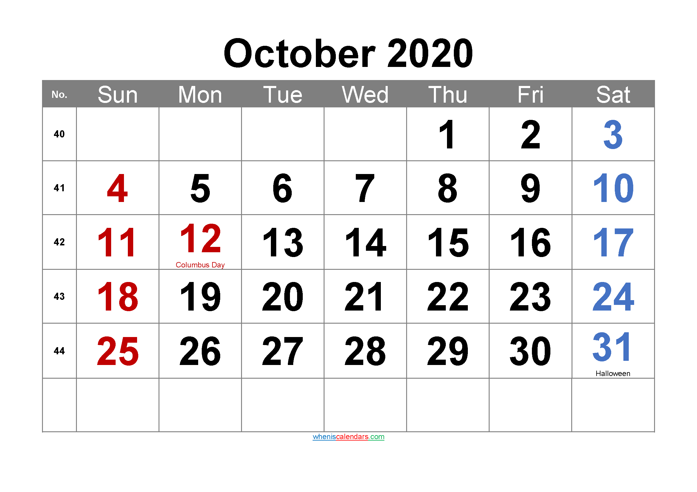 Printable OCTOBER 2020 Calendar with Holidays