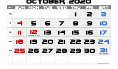 Printable October 2020 Calendar with Holidays