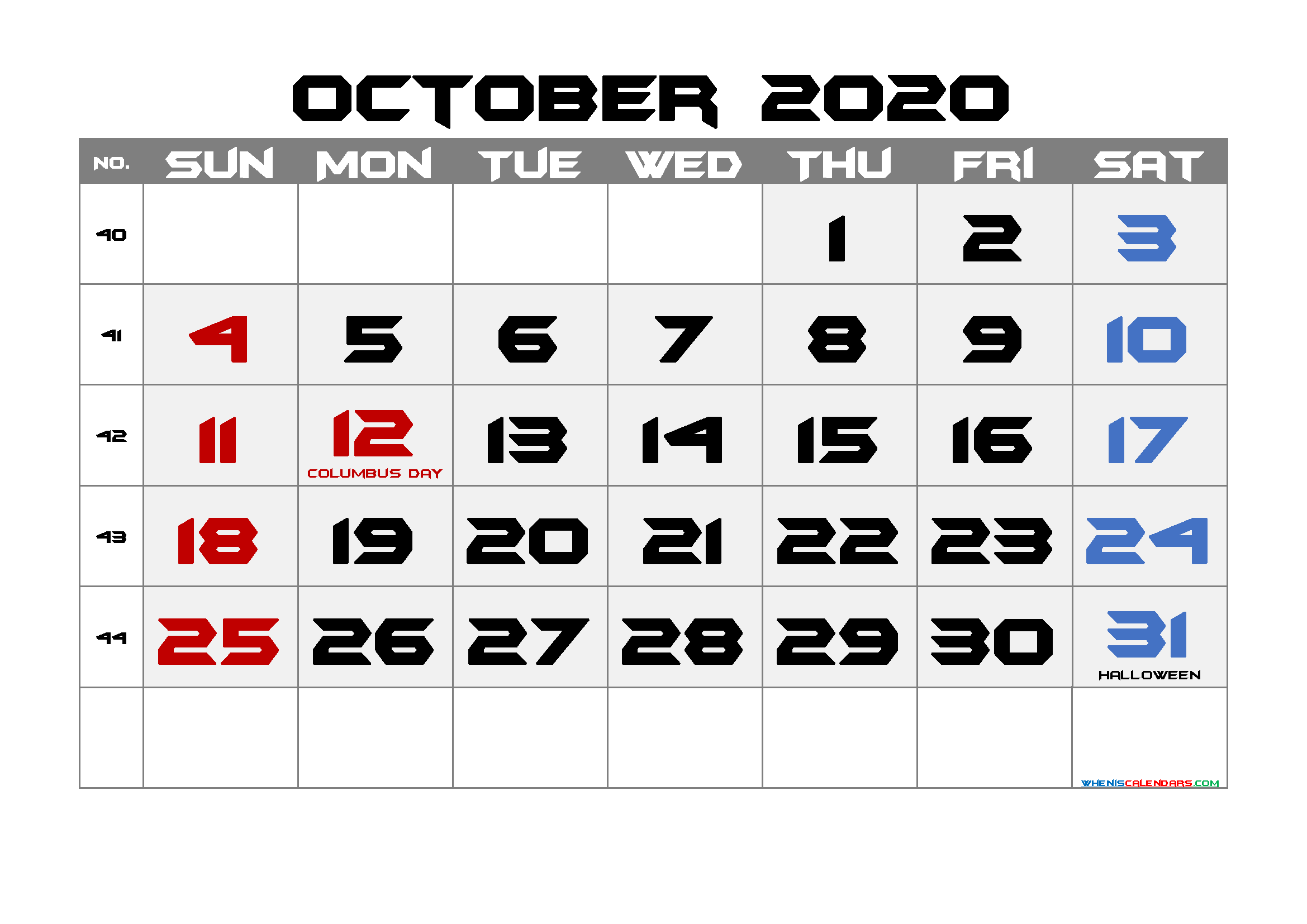 Printable OCTOBER 2020 Calendar with Holidays