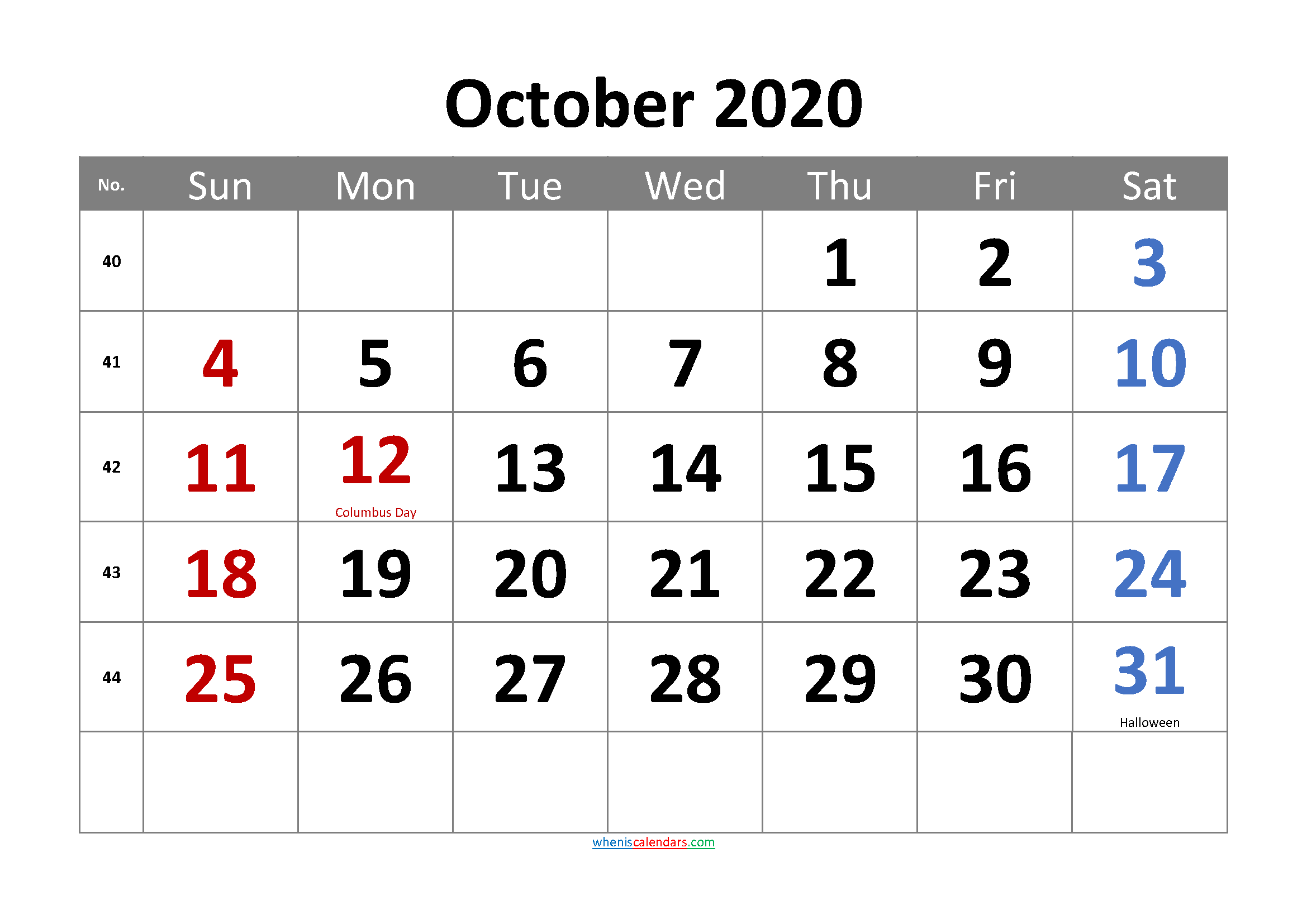 October 2020 Free Printable Calendar