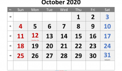 Free Printable 2020 Monthly Calendar with Holidays (Calibri 6)