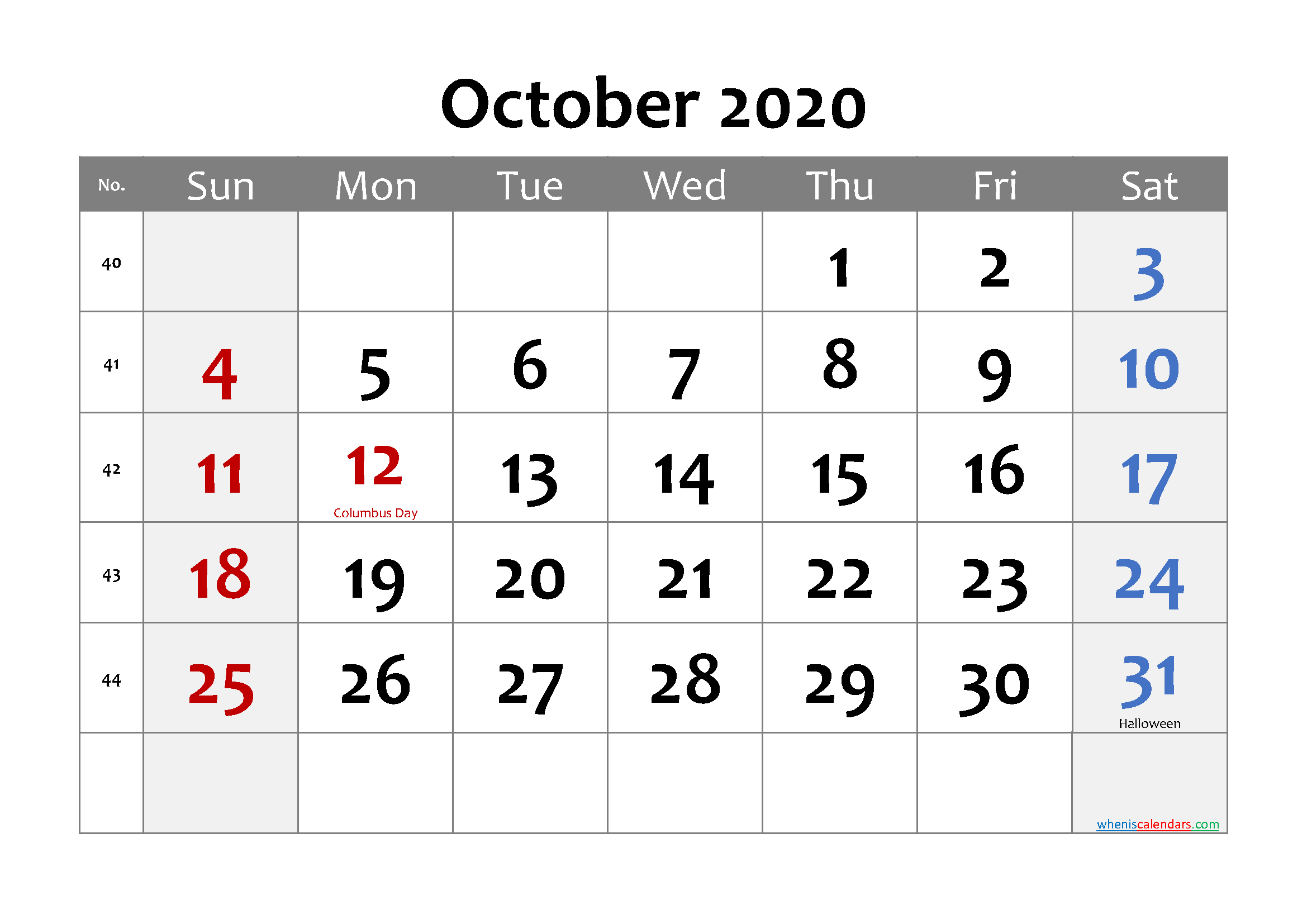 Editable October 2020 Calendar