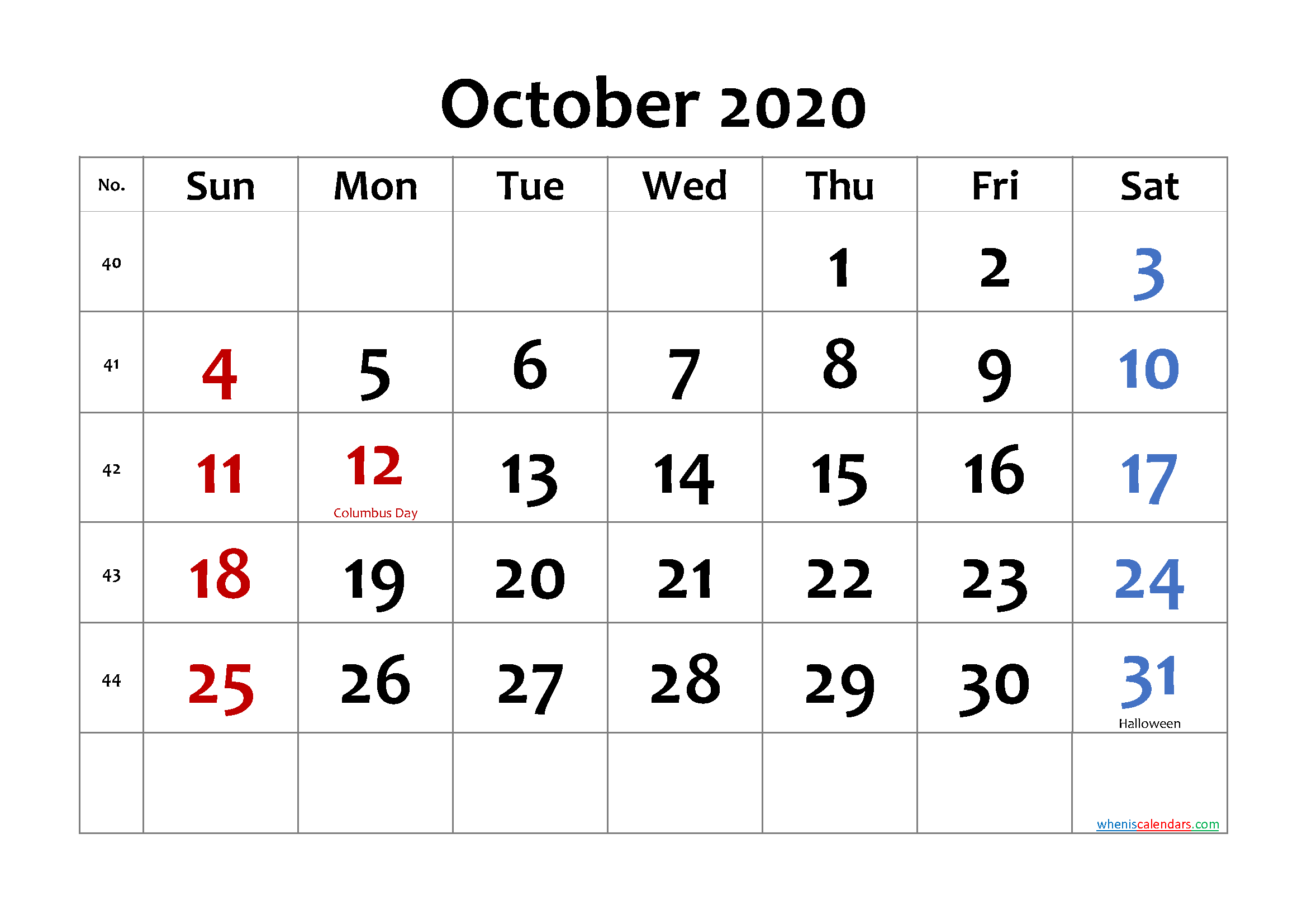 OCTOBER 2020 Printable Calendar with Holidays