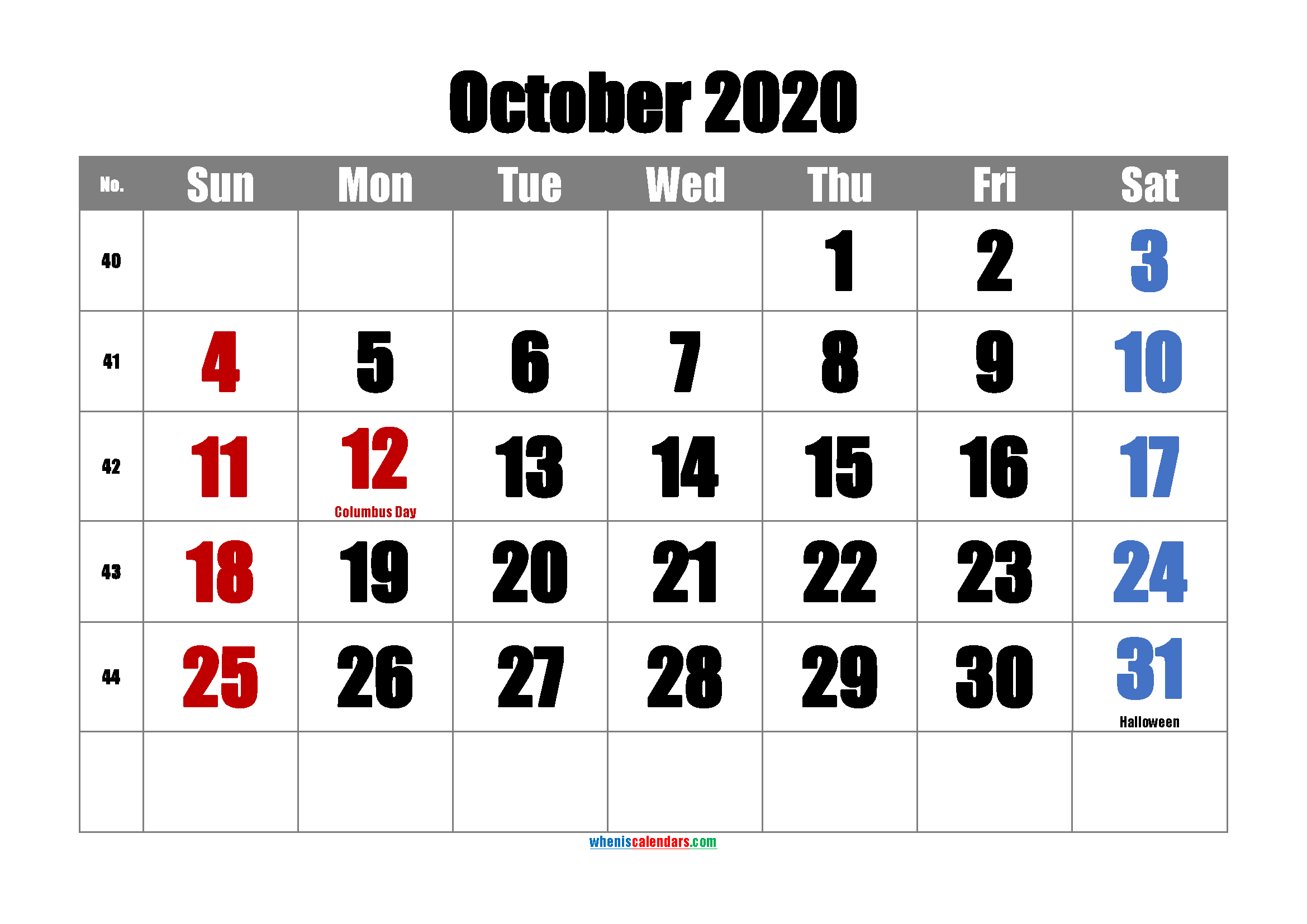 Free OCTOBER 2020 Calendar Printable