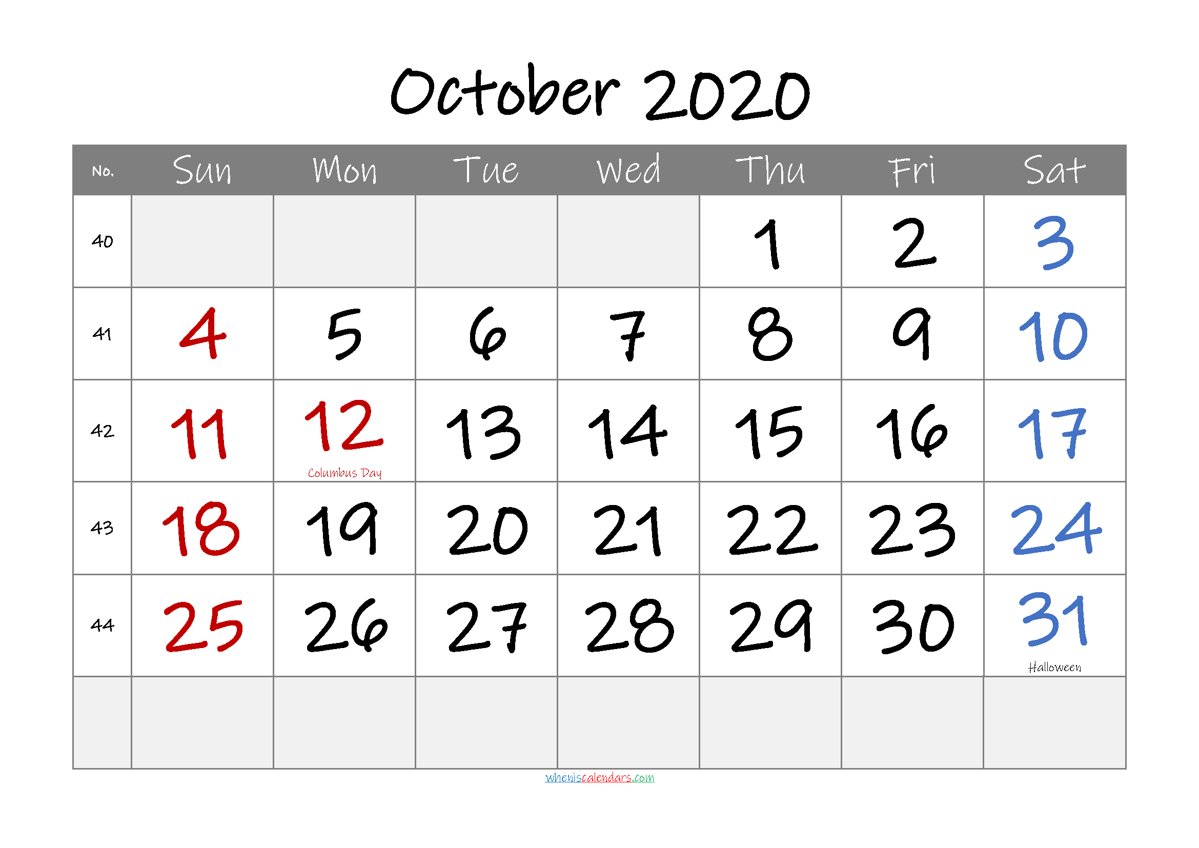October 2020 Free Printable Calendar