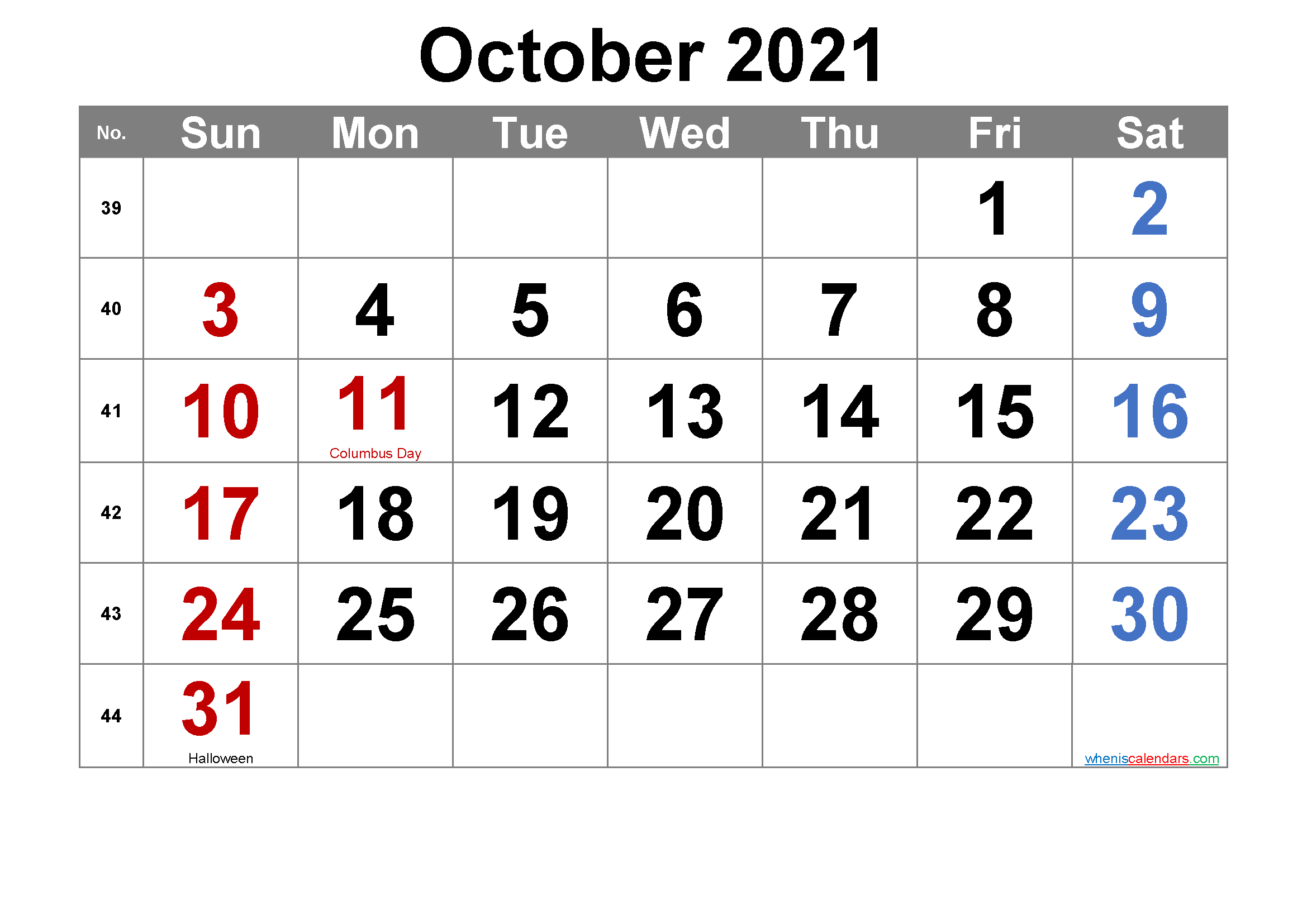 Printable OCTOBER 2021 Calendar with Holidays