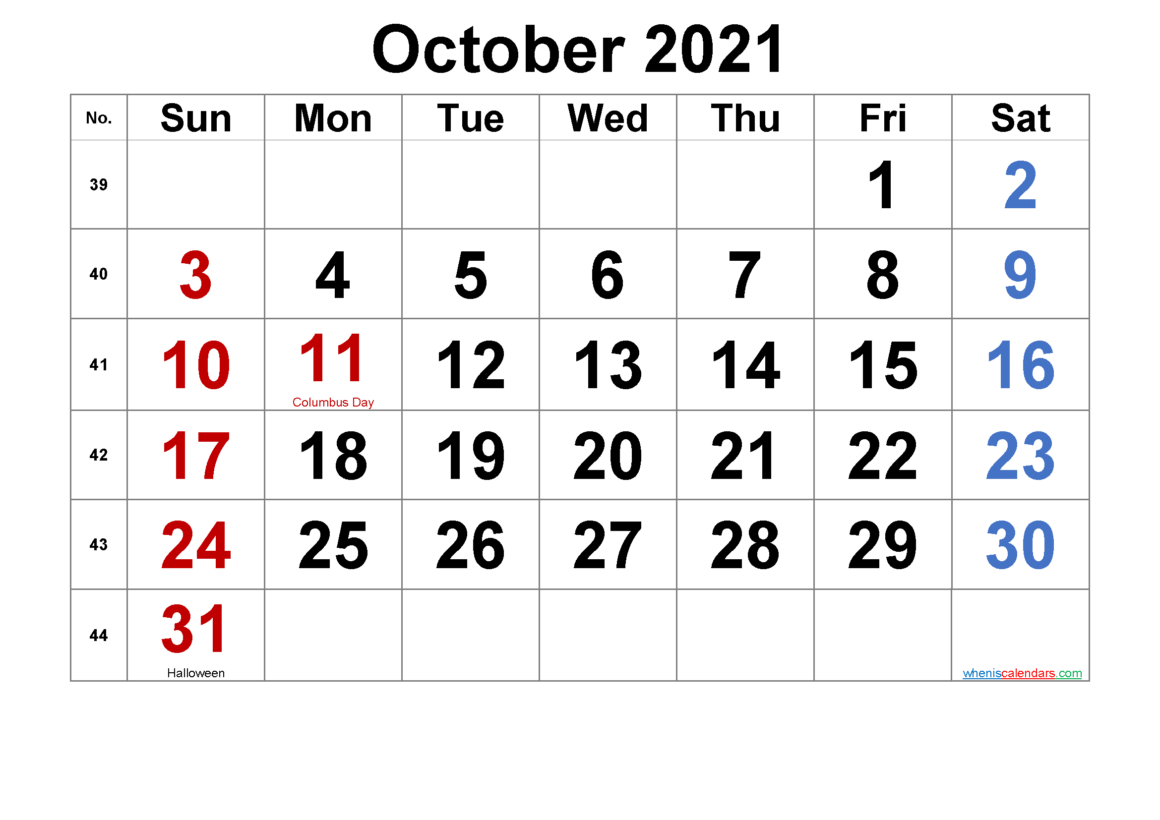 Free Printable OCTOBER 2021 Calendar with Holidays