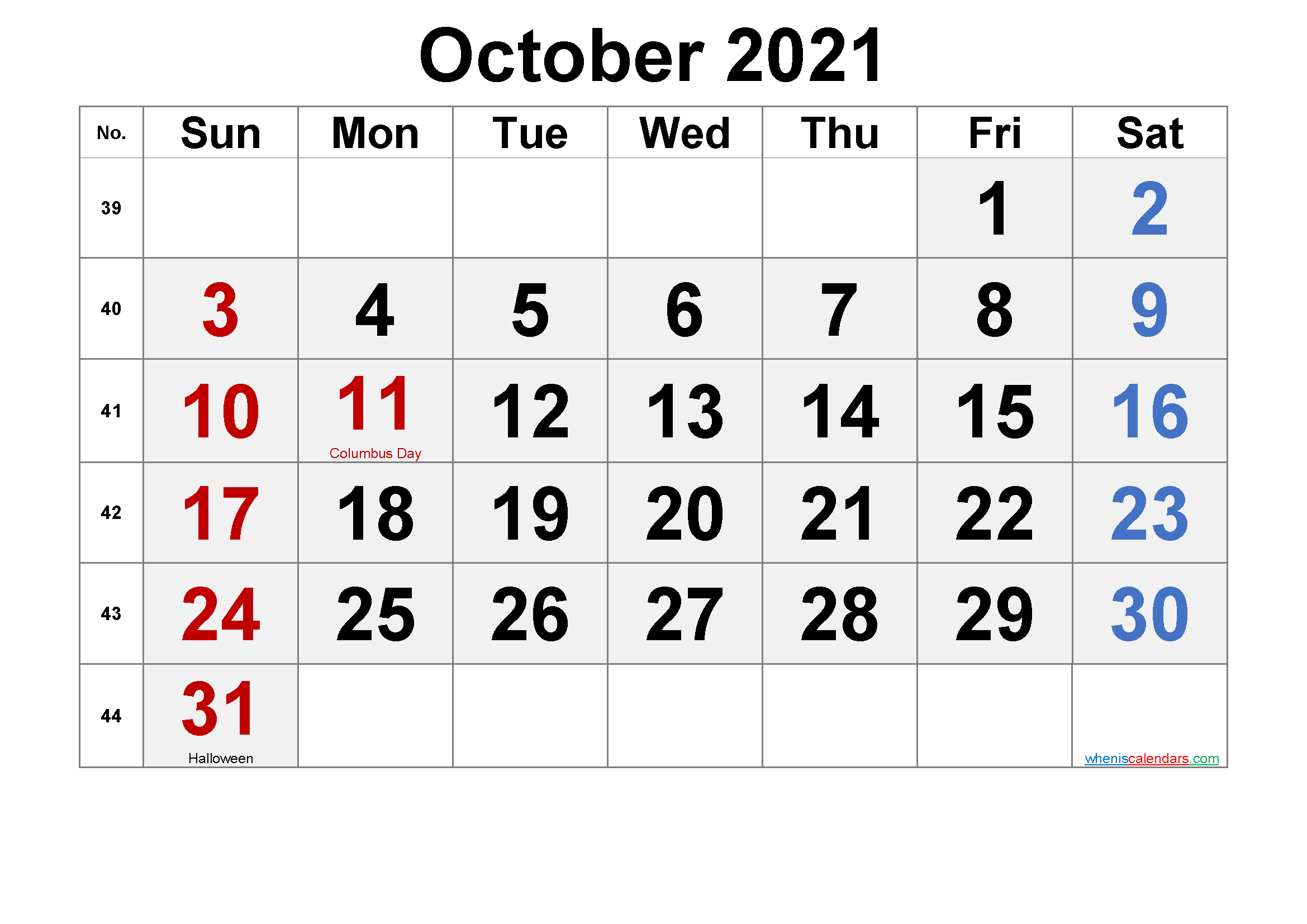October 2021 Calendar with Holidays Printable