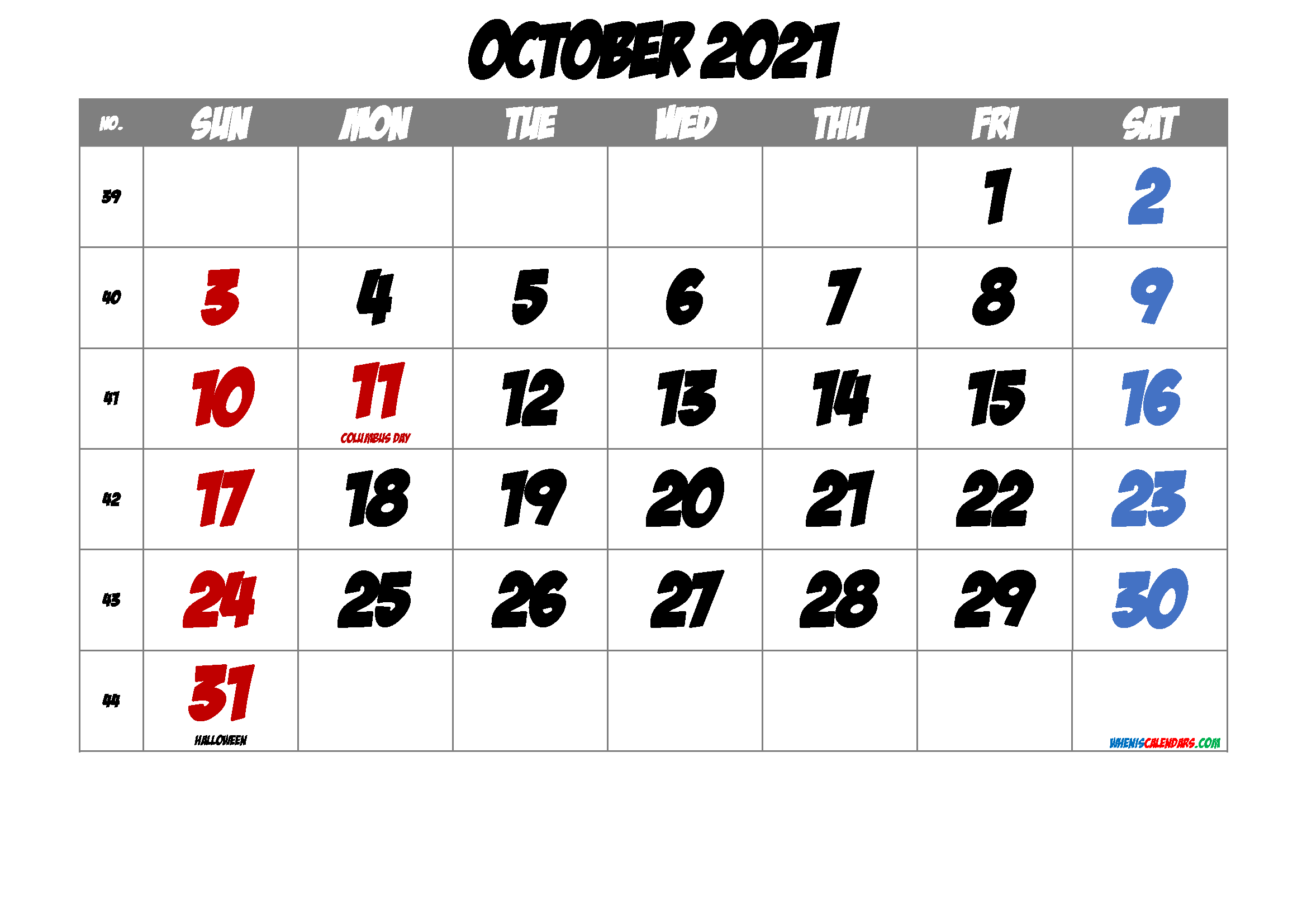 Free Printable October 2021 Calendar with Holidays