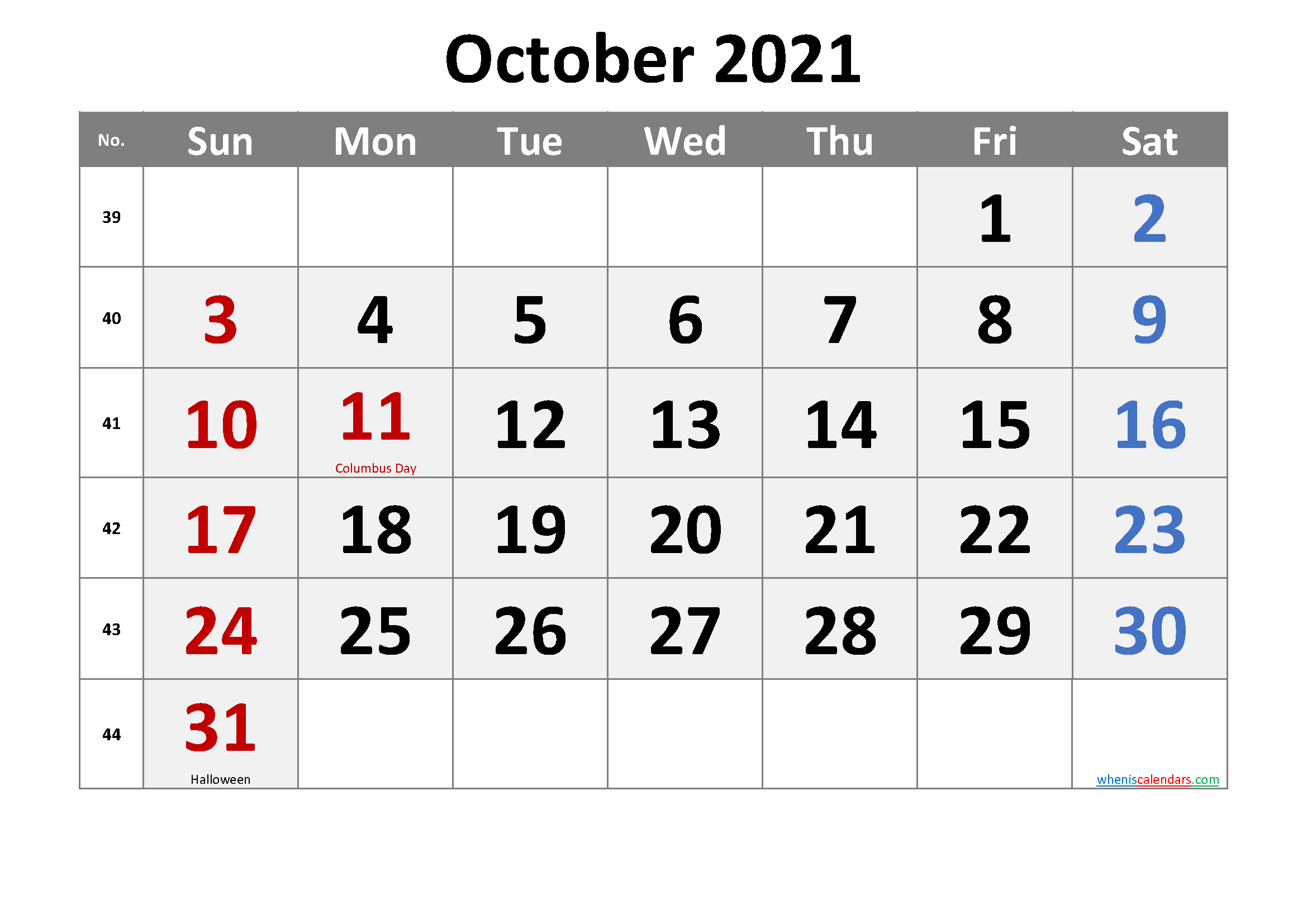 Editable October 2021 Calendar Word