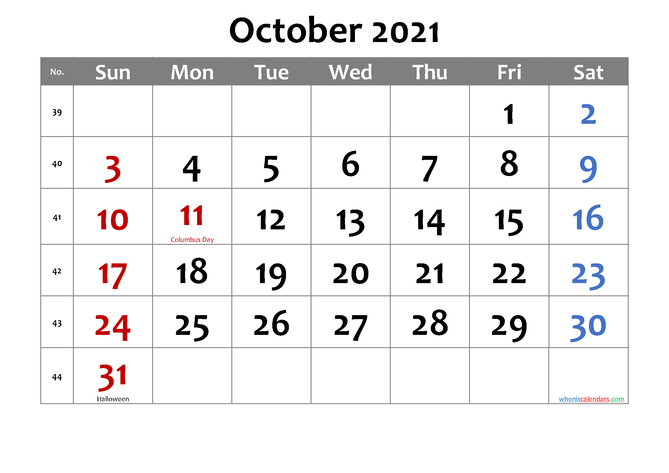 Free Printable October 2021 Calendar with Holidays