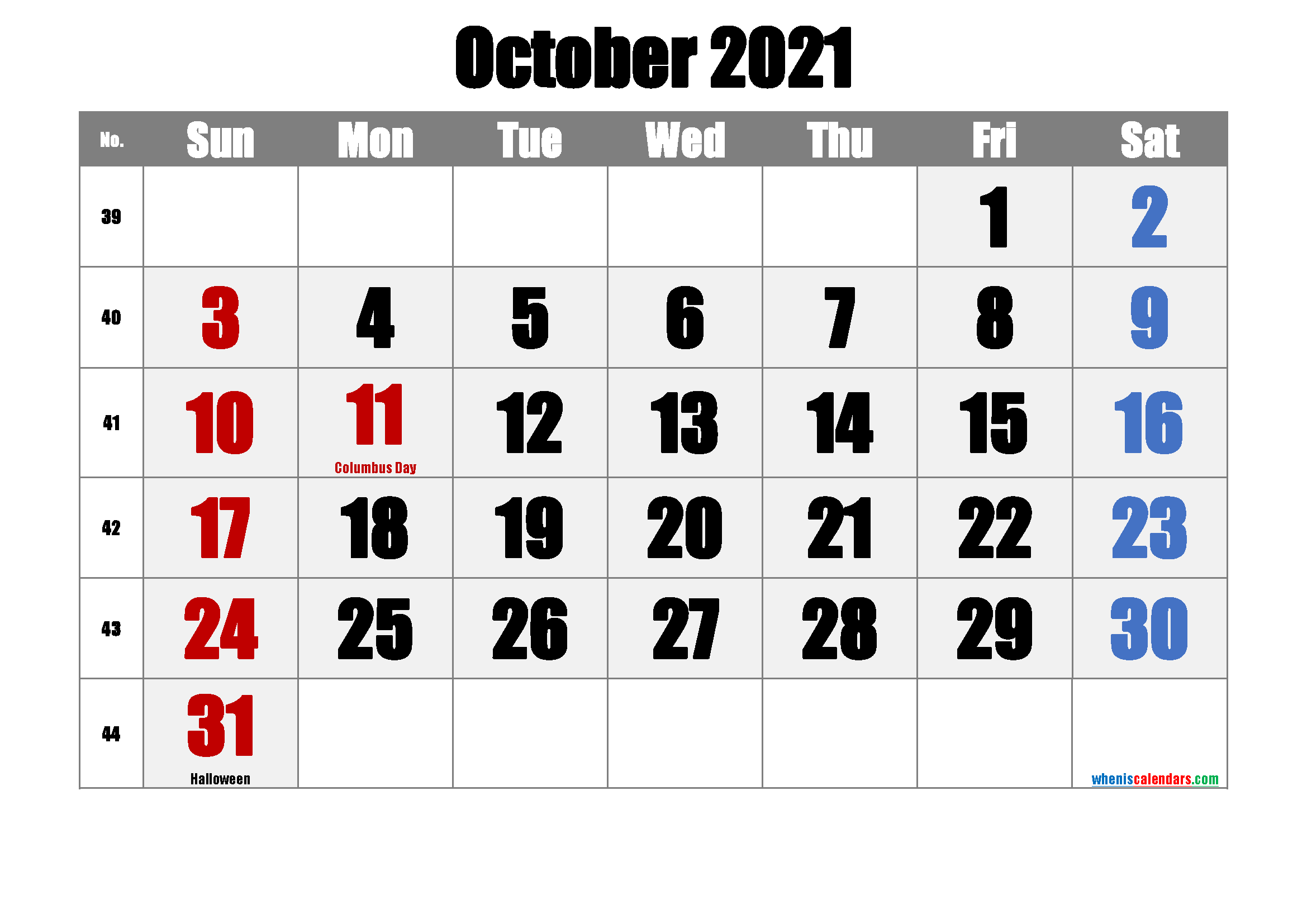 OCTOBER 2021 Printable Calendar with Holidays