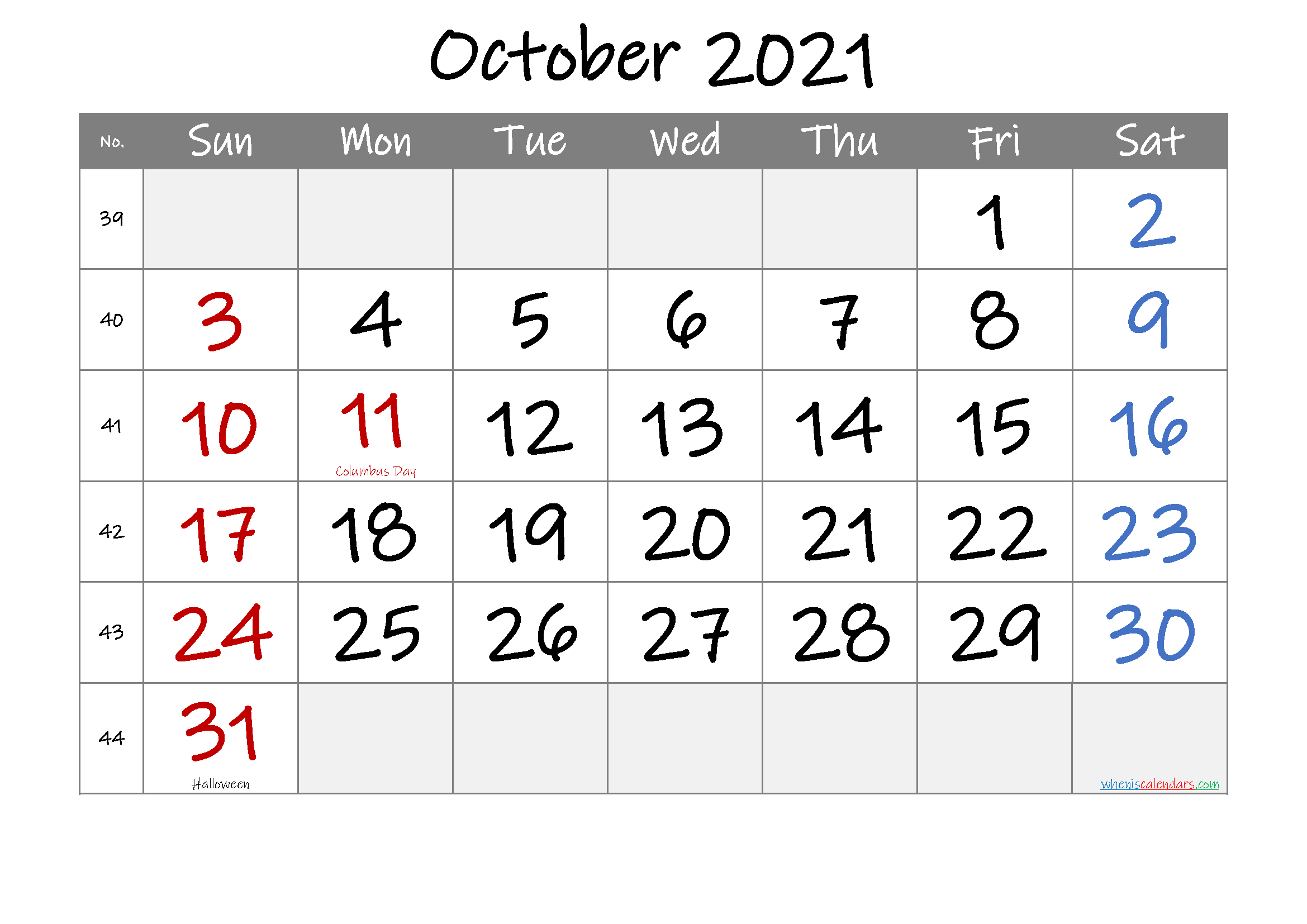 Free Printable October 2021 Calendar