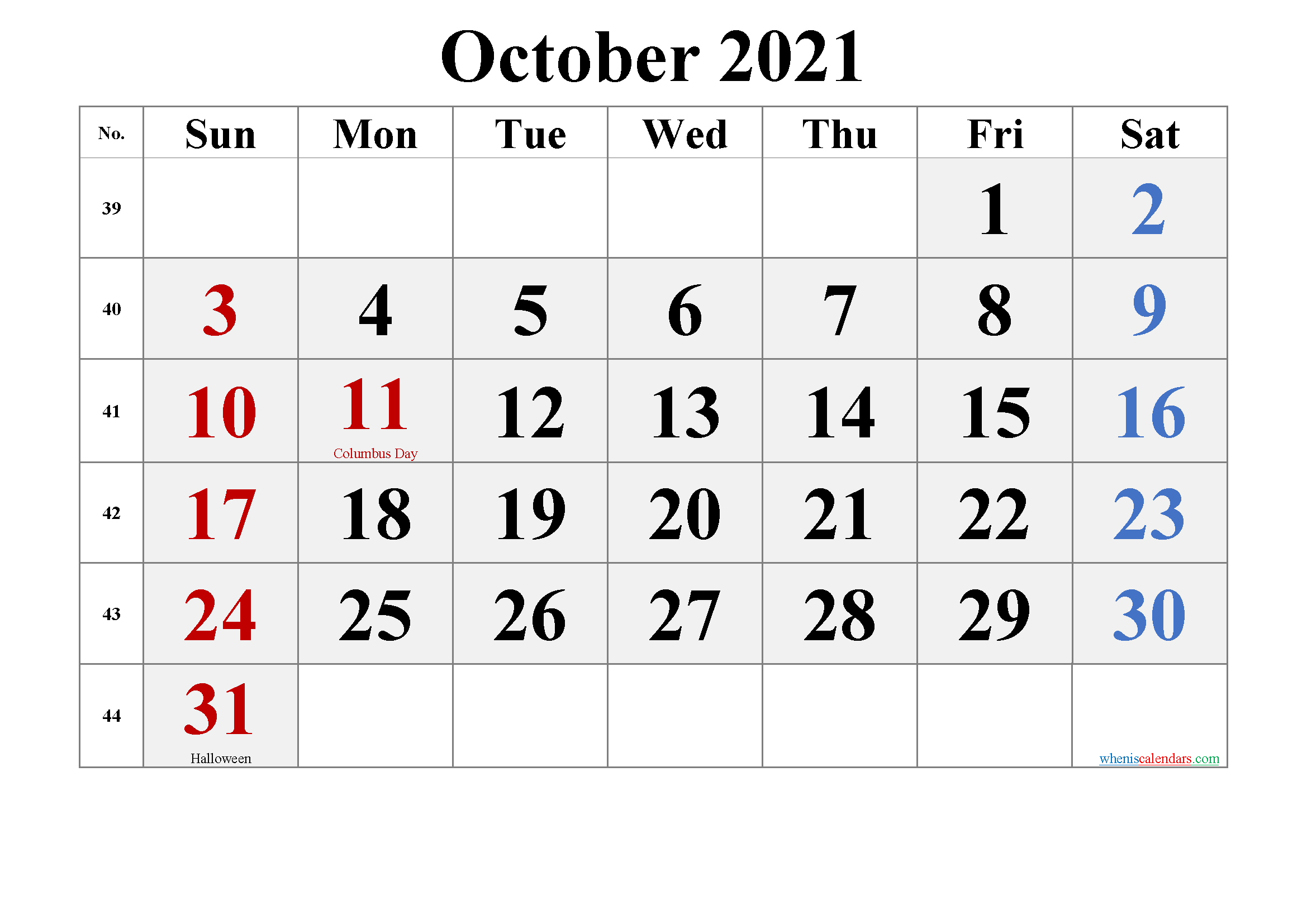 Free OCTOBER 2021 Calendar Printable