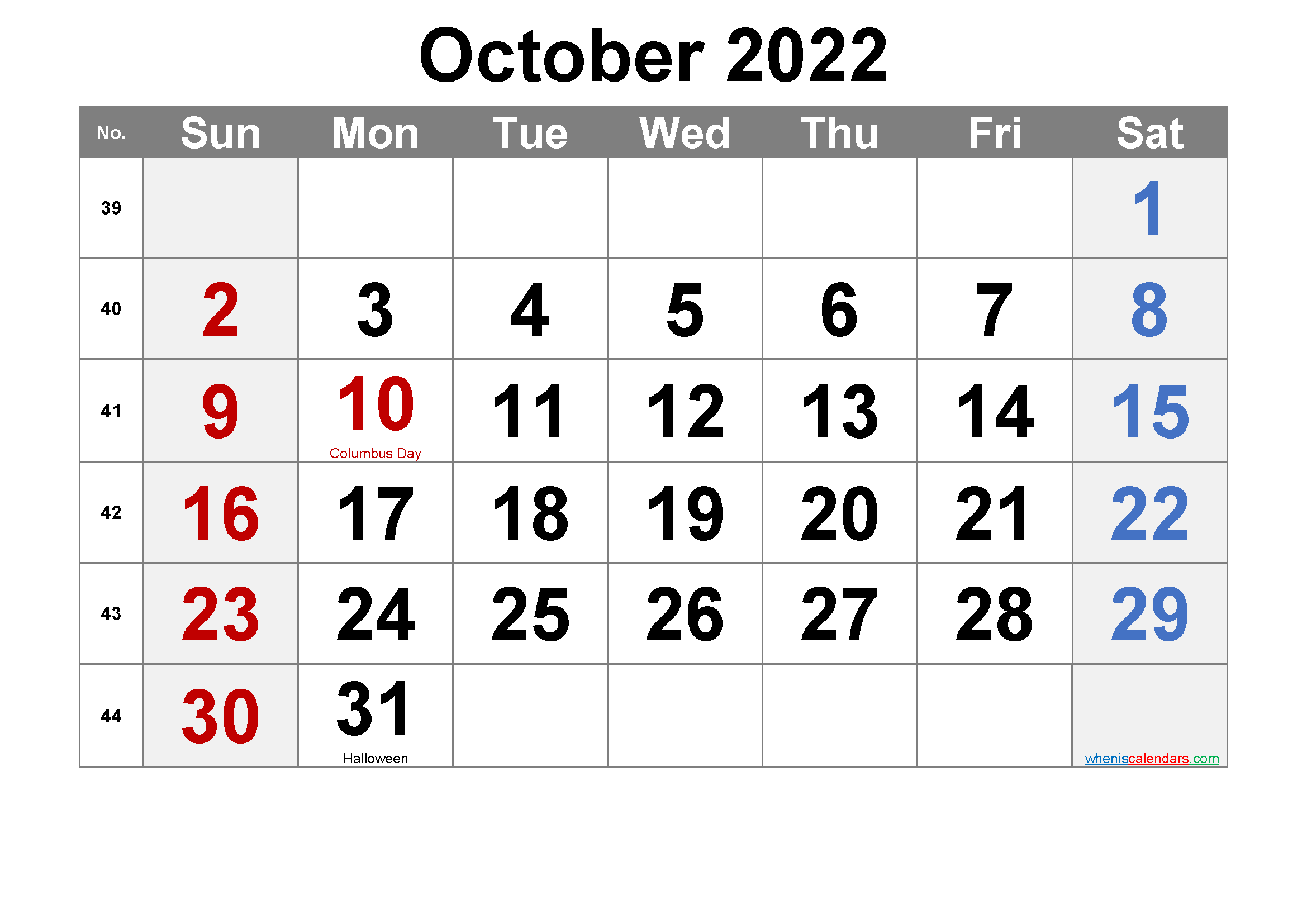 Printable October 2022 Calendar Word