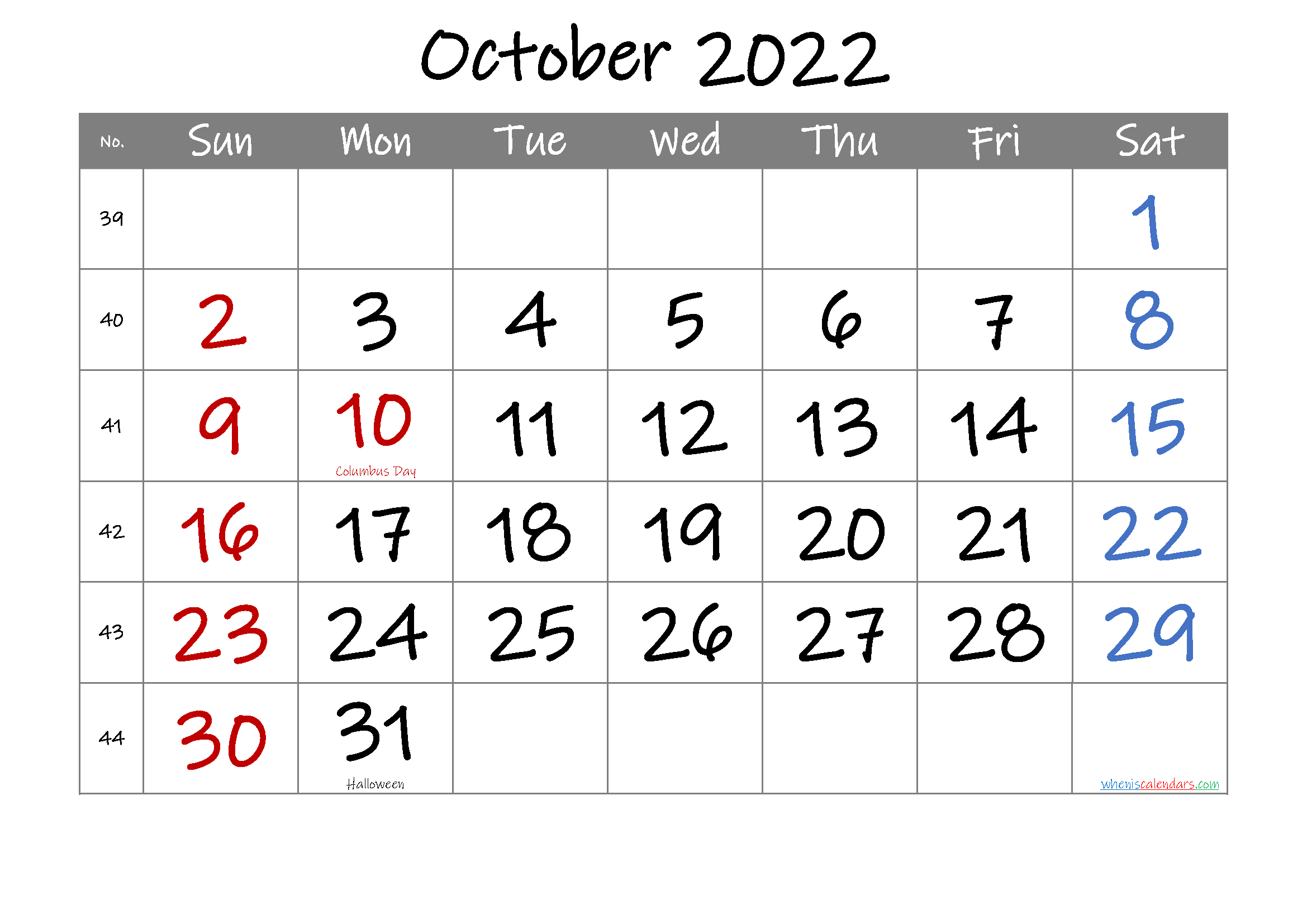 Free October 2022 Printable Calendar with Holidays