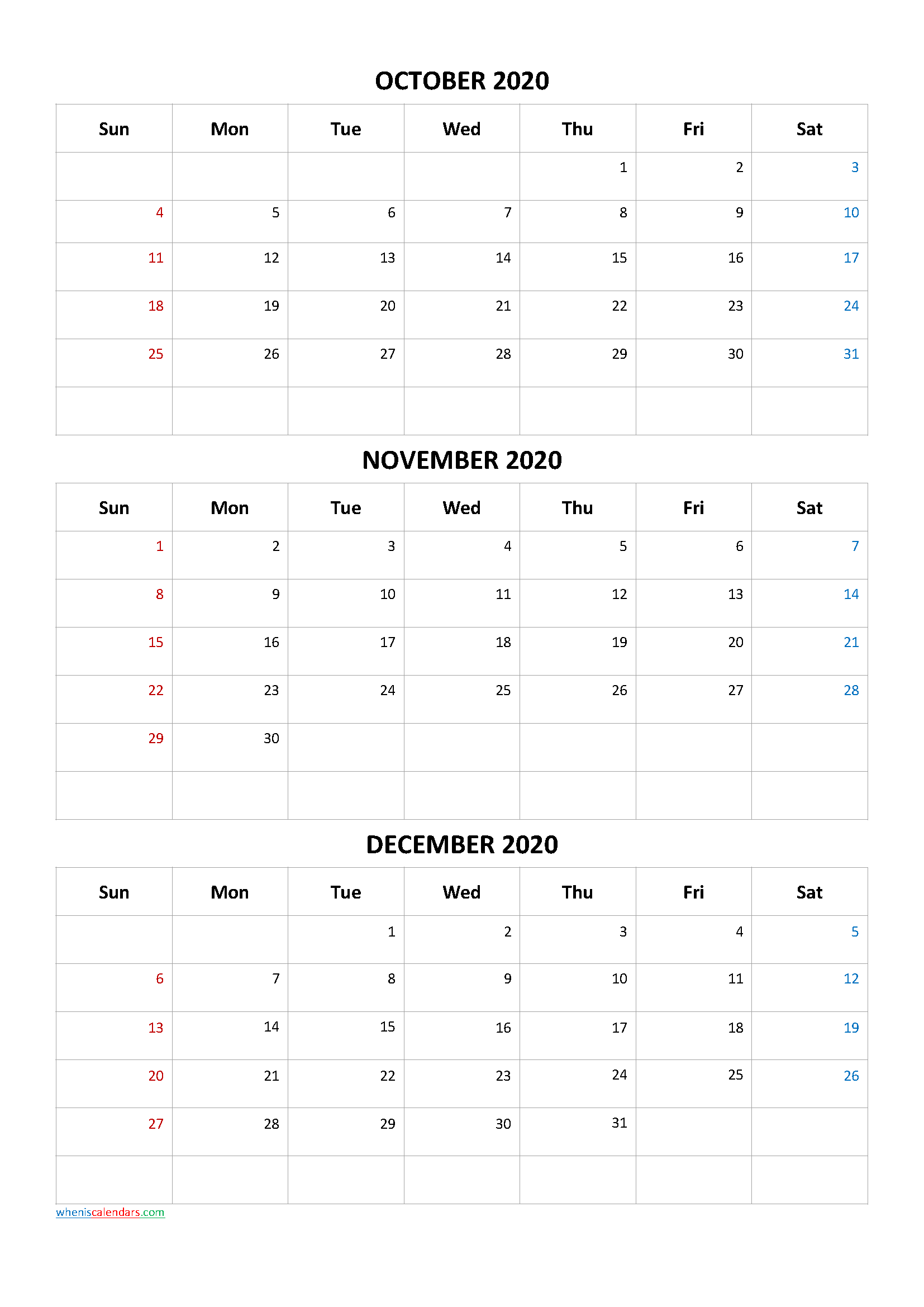 October November December 2020 Calendar Printable Free