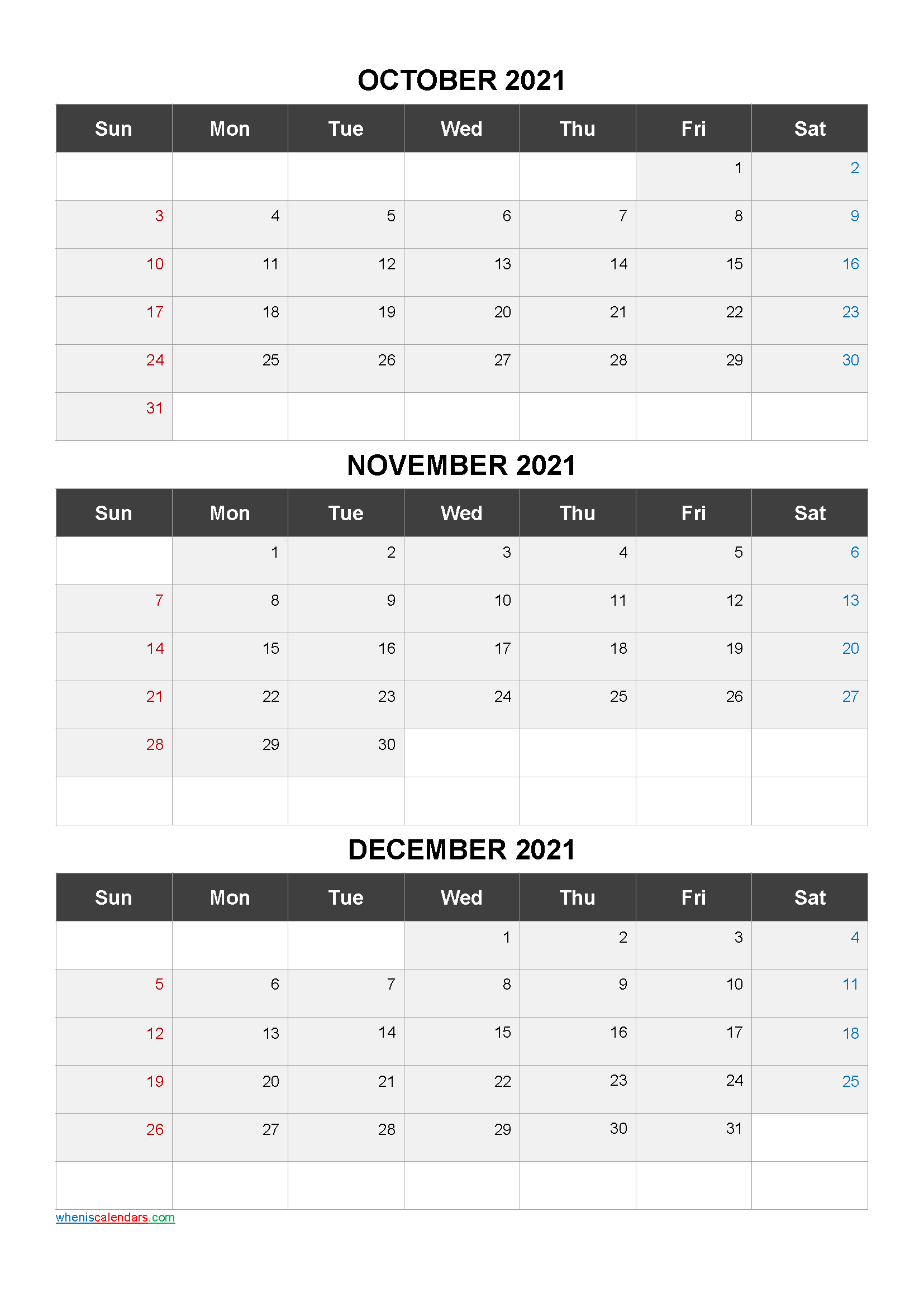 October November December 2021 Printable Calendar-Template ...