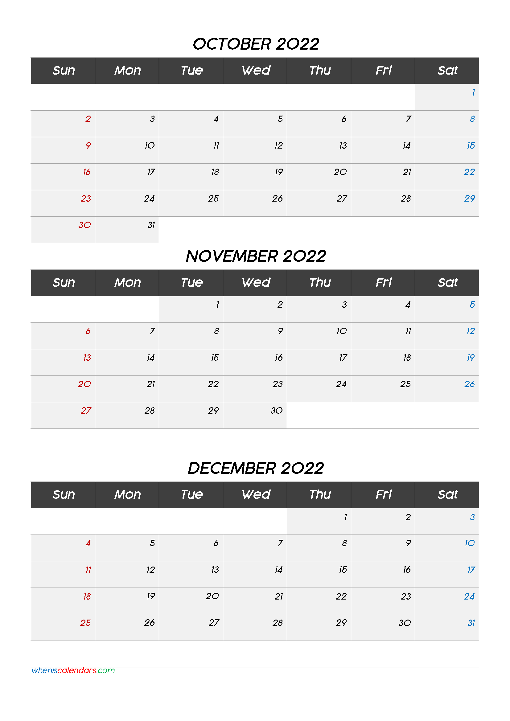 October November December 2022 Calendar Template
