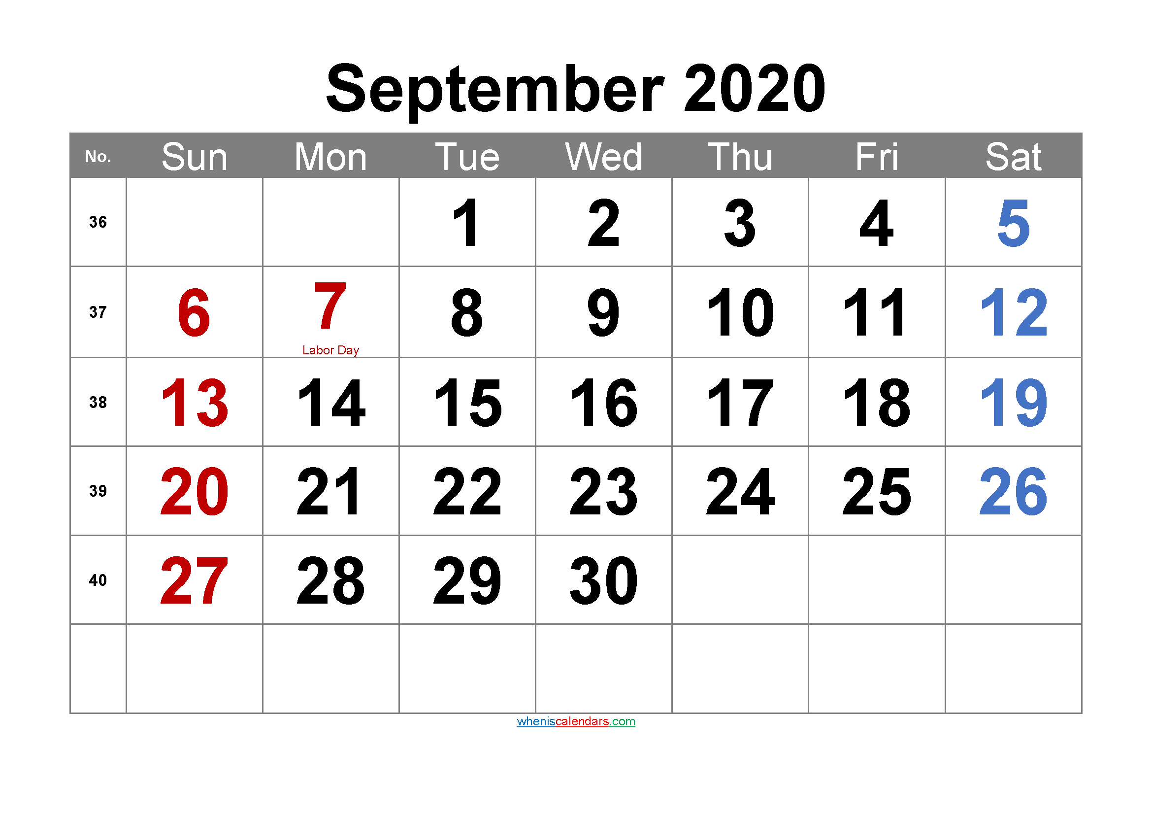 Printable SEPTEMBER 2020 Calendar with Holidays
