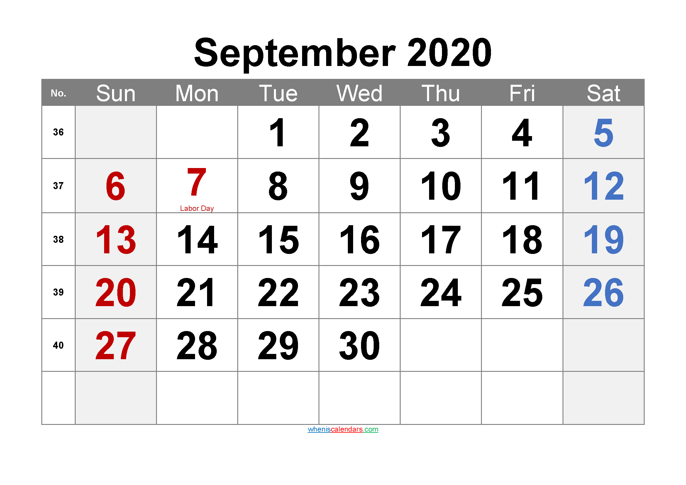 Free SEPTEMBER 2020 Calendar Printable