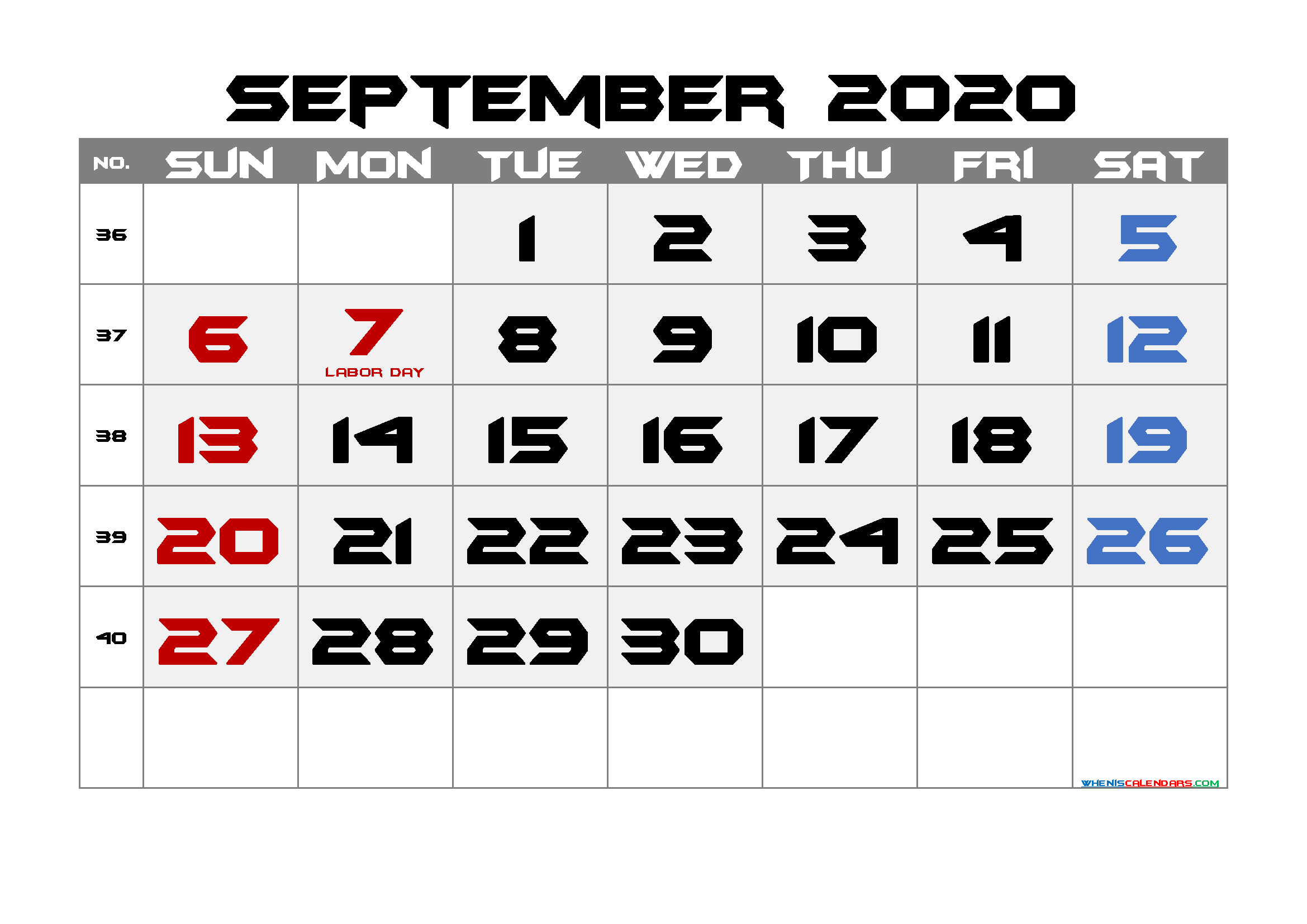 Printable SEPTEMBER 2020 Calendar with Holidays