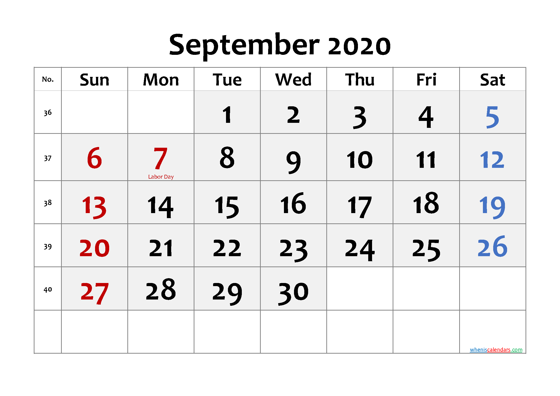 Free Printable SEPTEMBER 2020 Calendar with Holidays