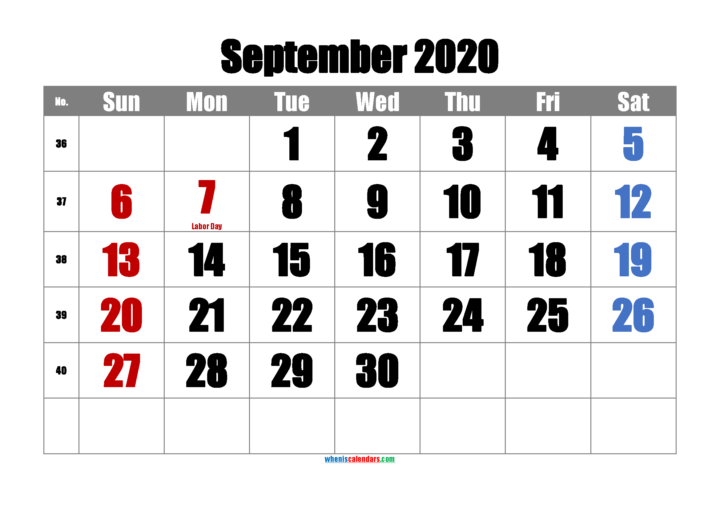 Free SEPTEMBER 2020 Calendar Printable