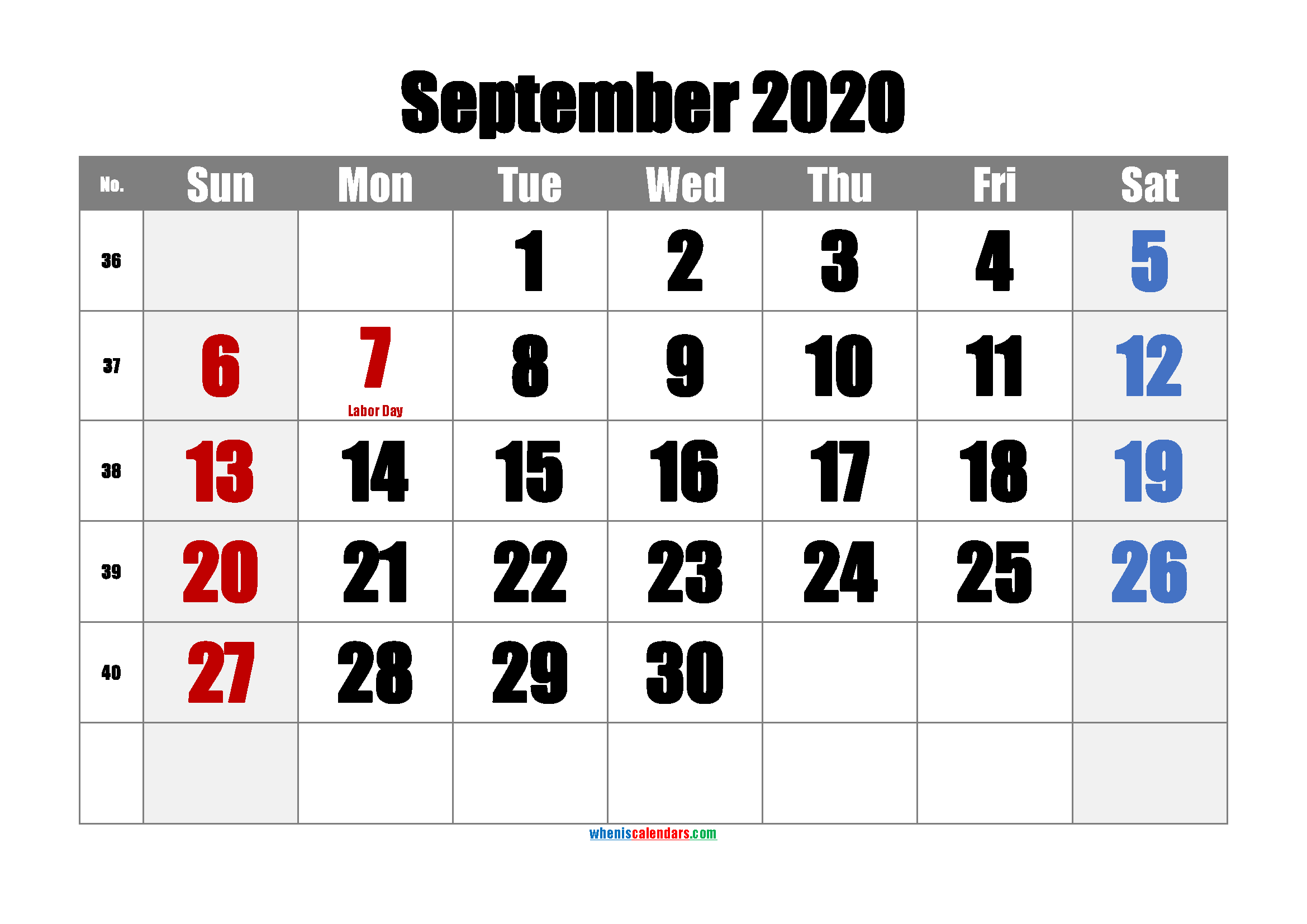 September 2020 Printable Calendar with Holidays