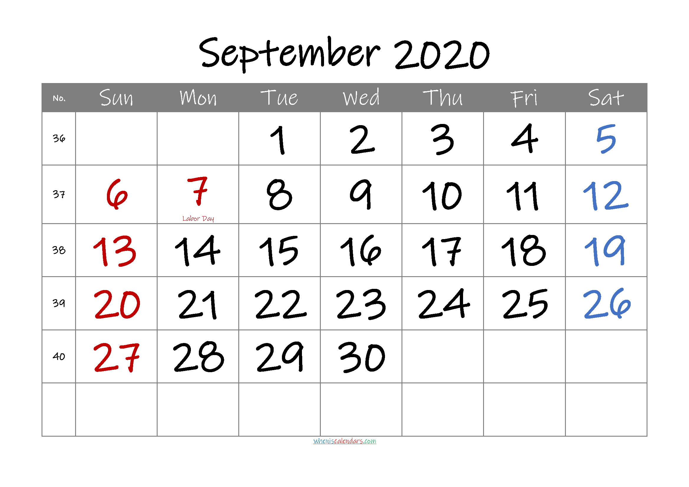Free September 2020 Printable Calendar with Holidays