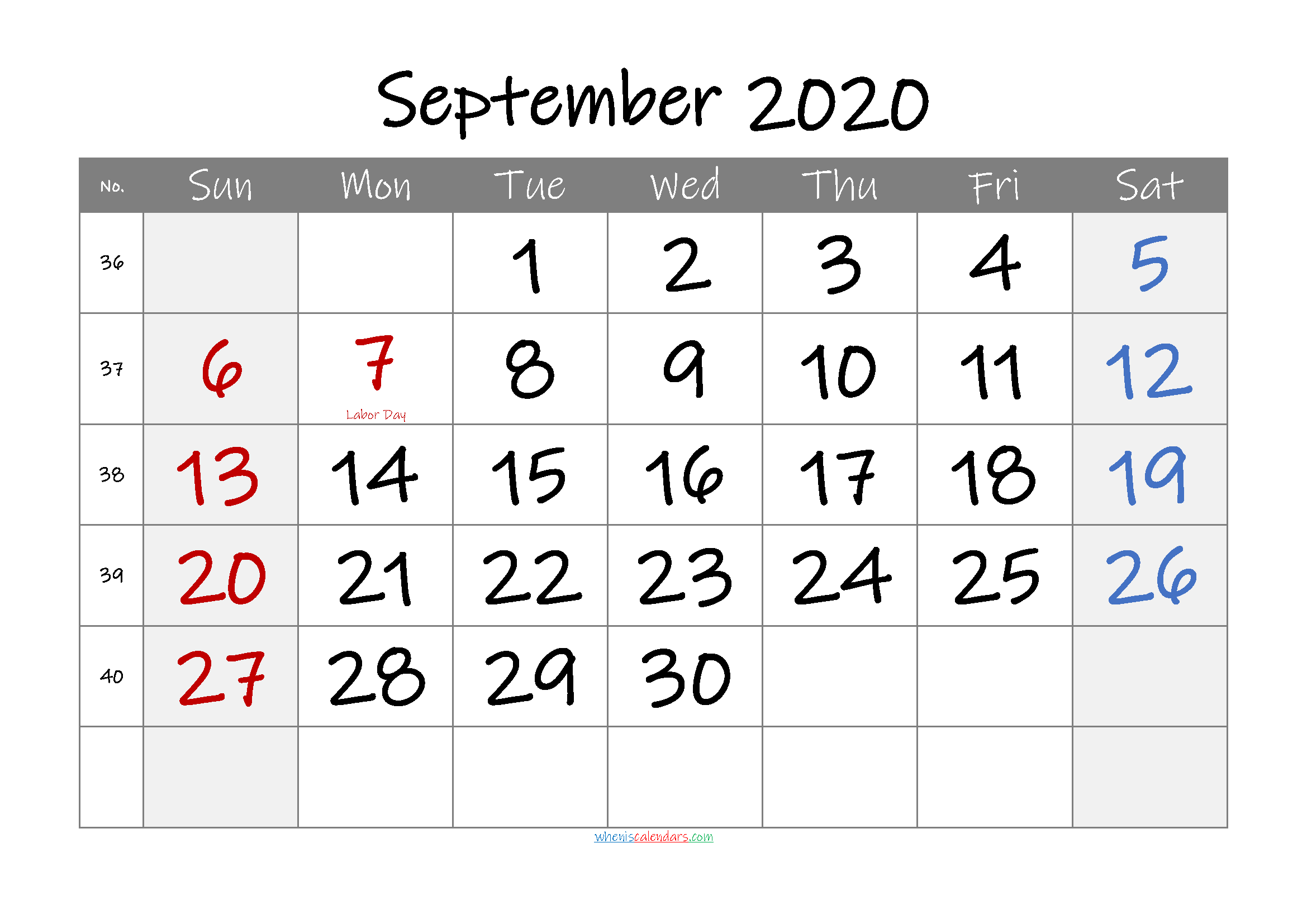 Printable September 2020 Calendar with Holidays
