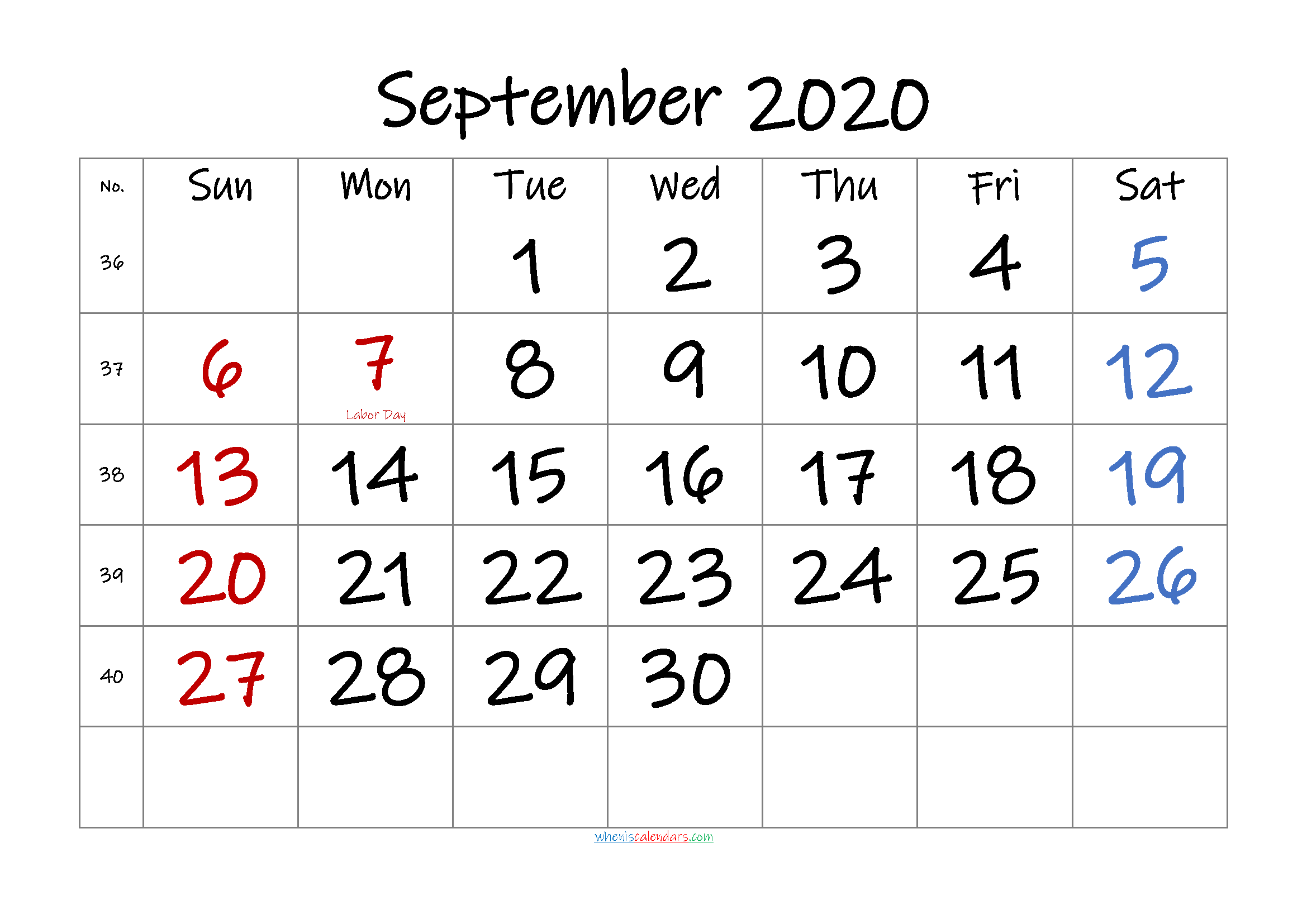 SEPTEMBER 2020 Printable Calendar with Holidays