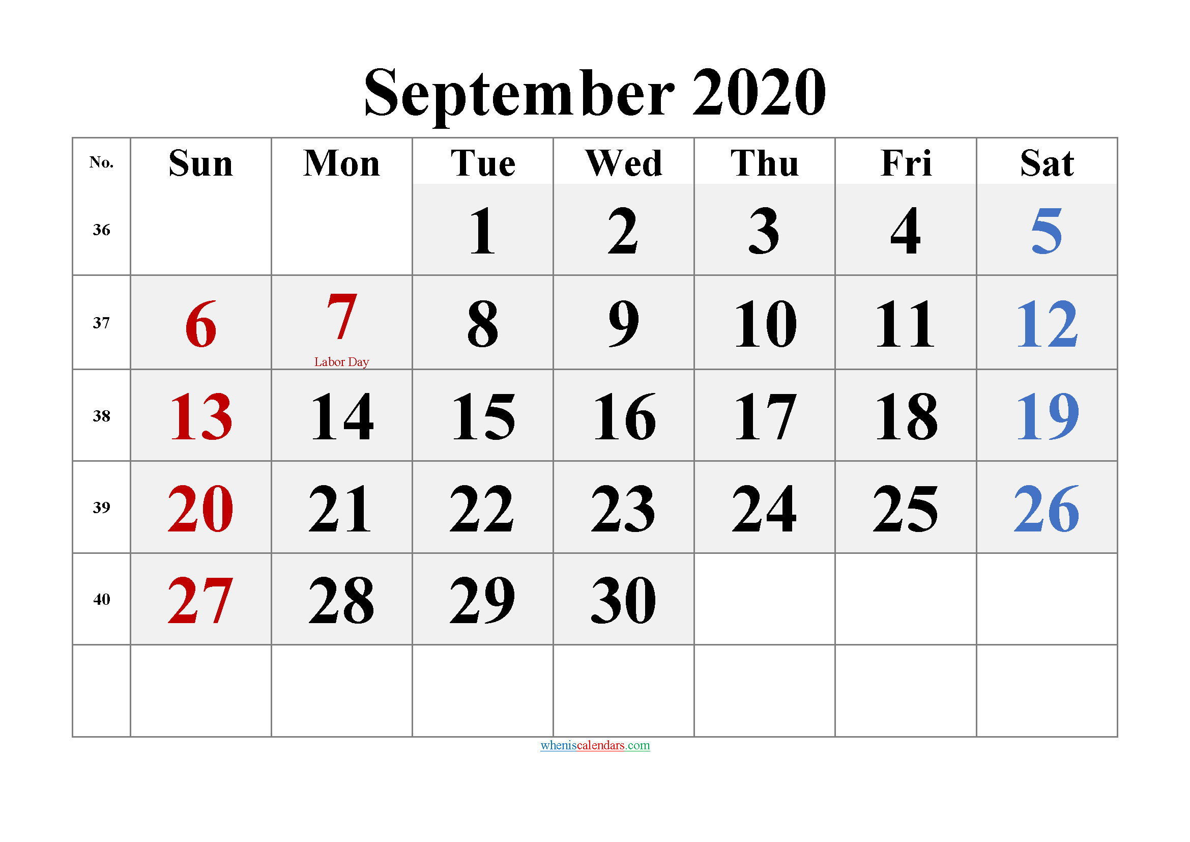 Printable September 2020 Calendar Word