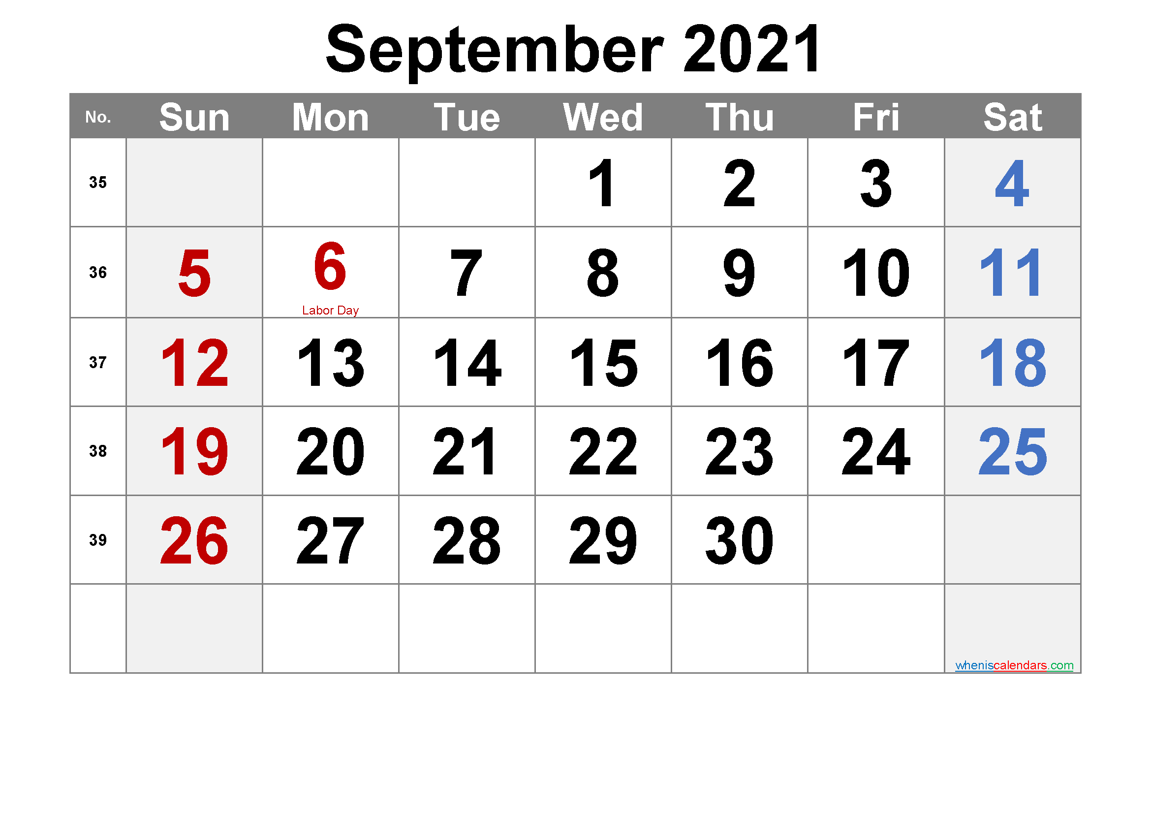 Printable September 2021 Calendar Word