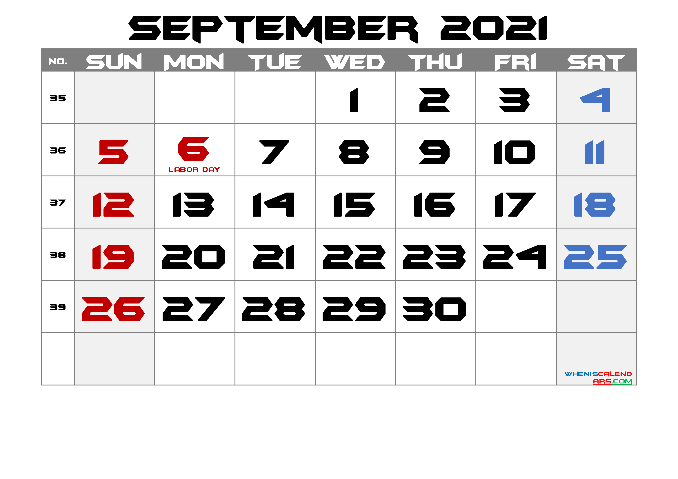 Printable SEPTEMBER 2021 Calendar with Holidays