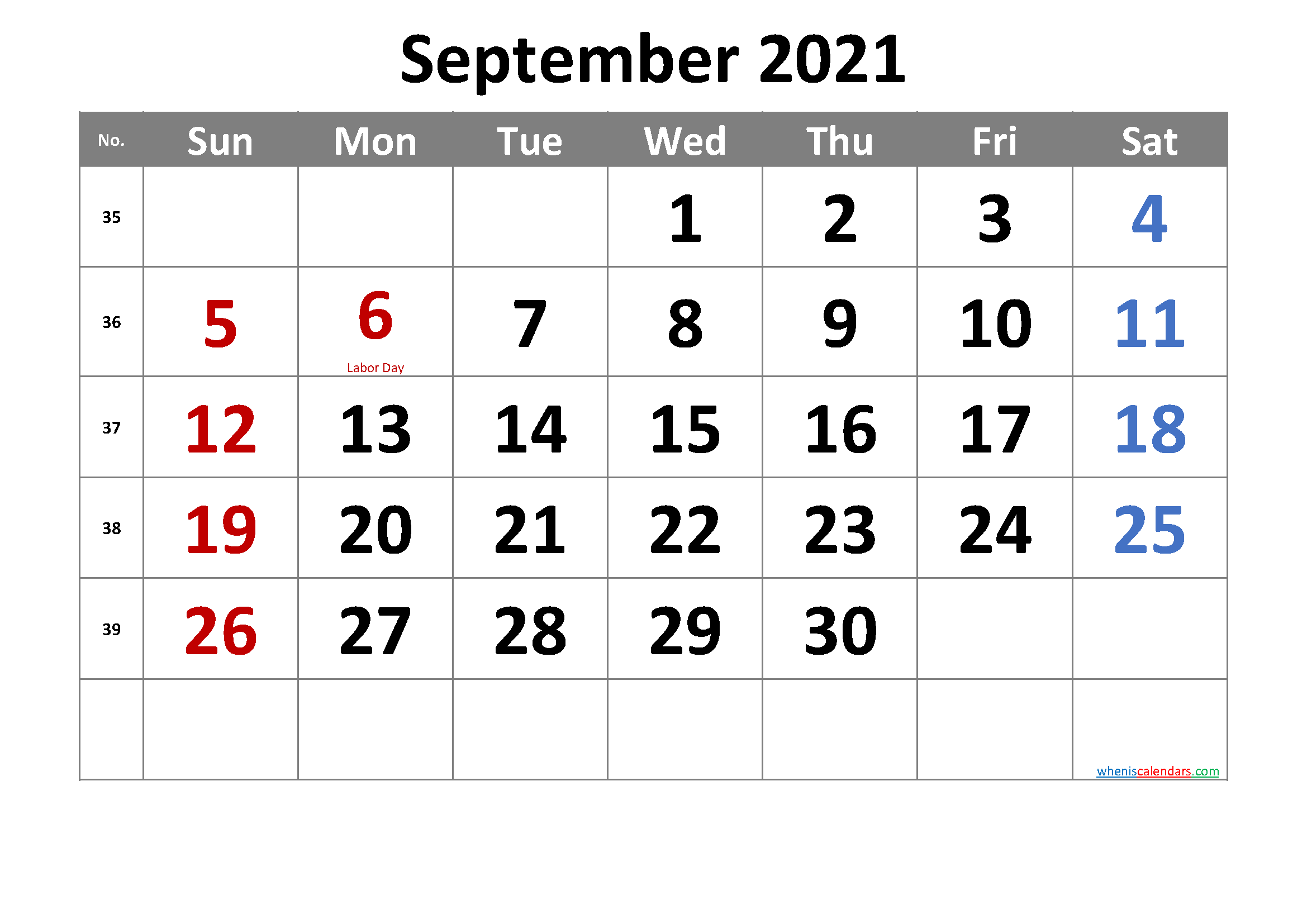Free Printable September 2021 Calendar