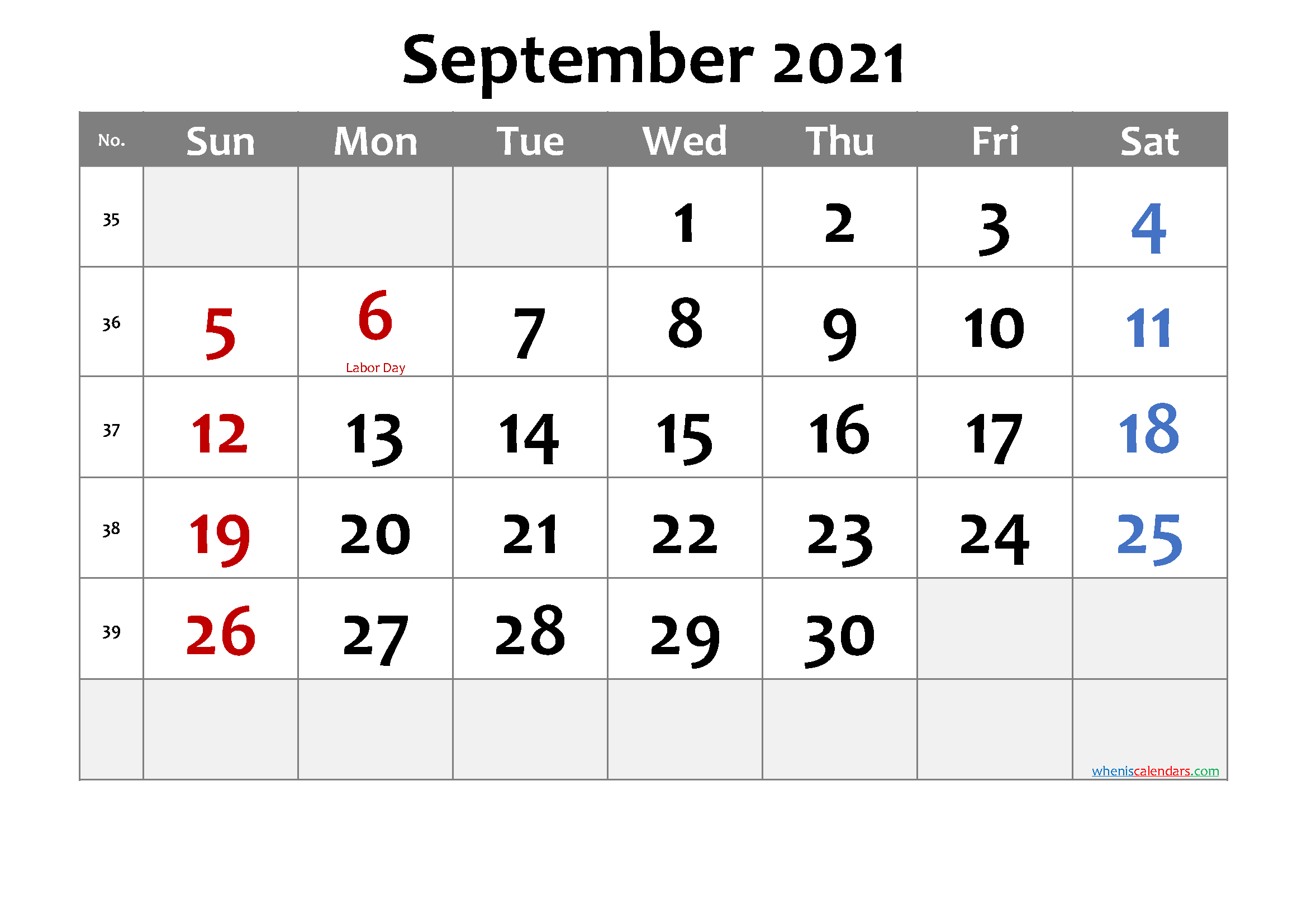Printable September 2021 Calendar Word