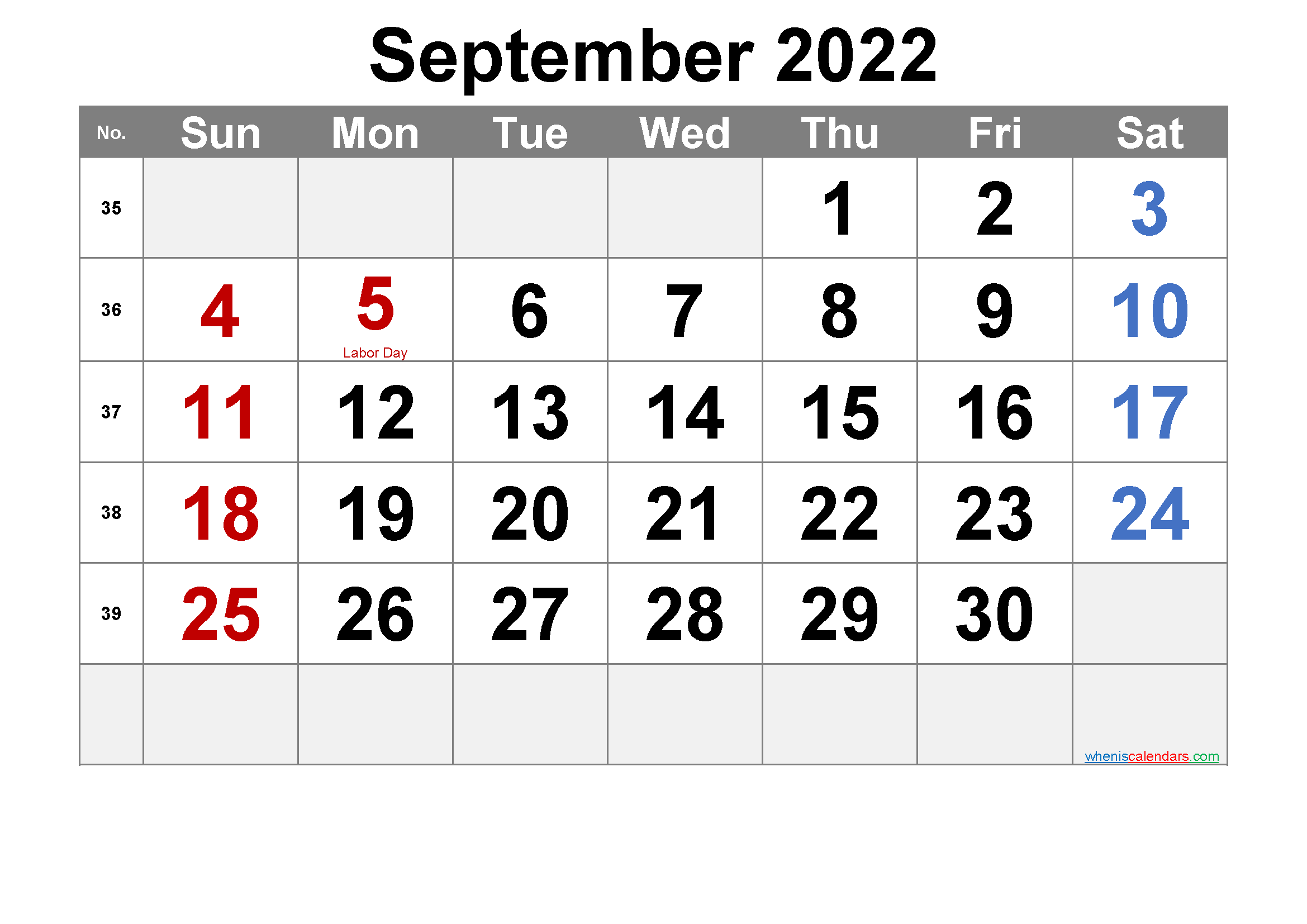 September 2022 Printable Calendar with Holidays