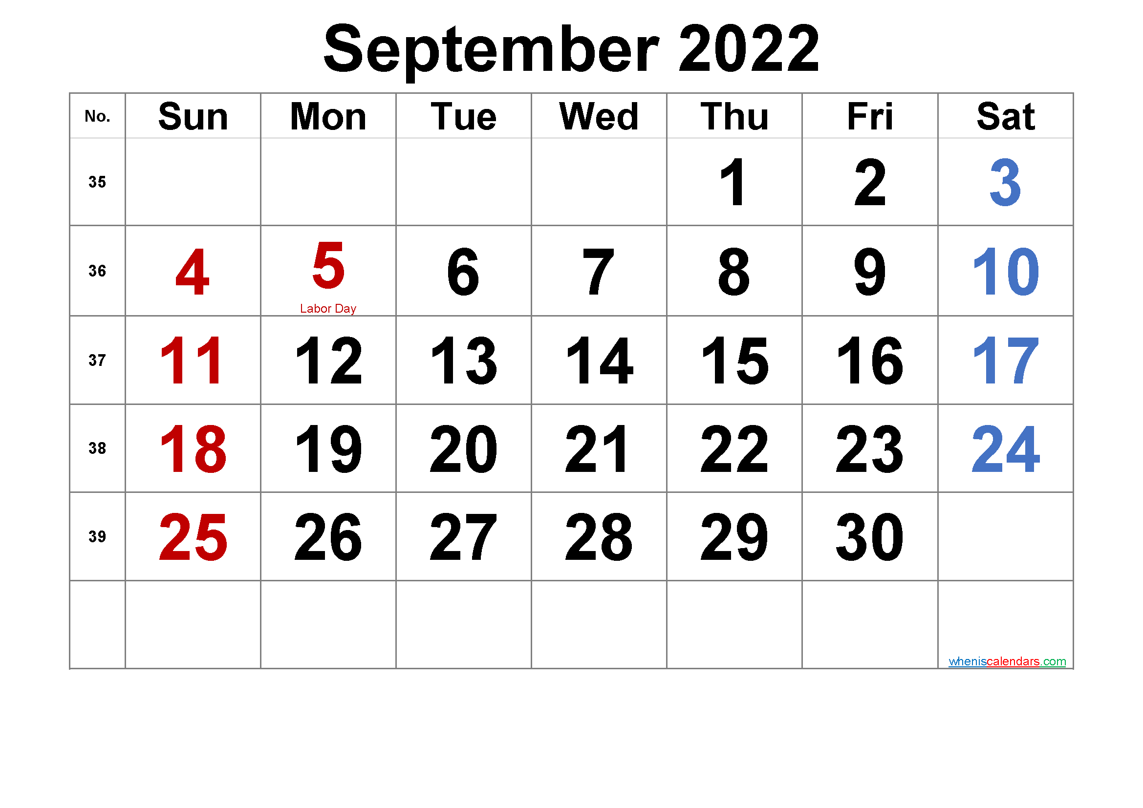 Free Printable September 2022 Calendar with Holidays